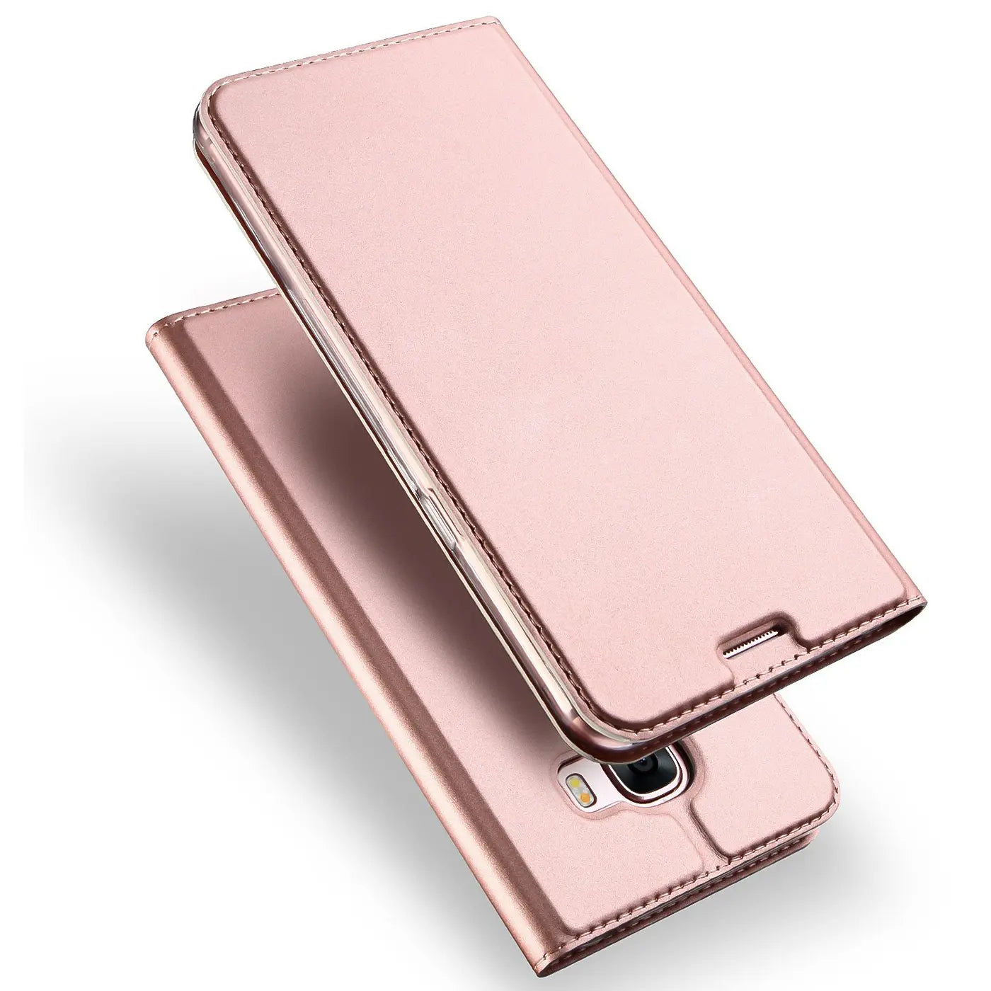 Rosafarbene Metallic-Flip-Hülle aus Kunstleder für Samsung Galaxy A3 2017, von schräg oben