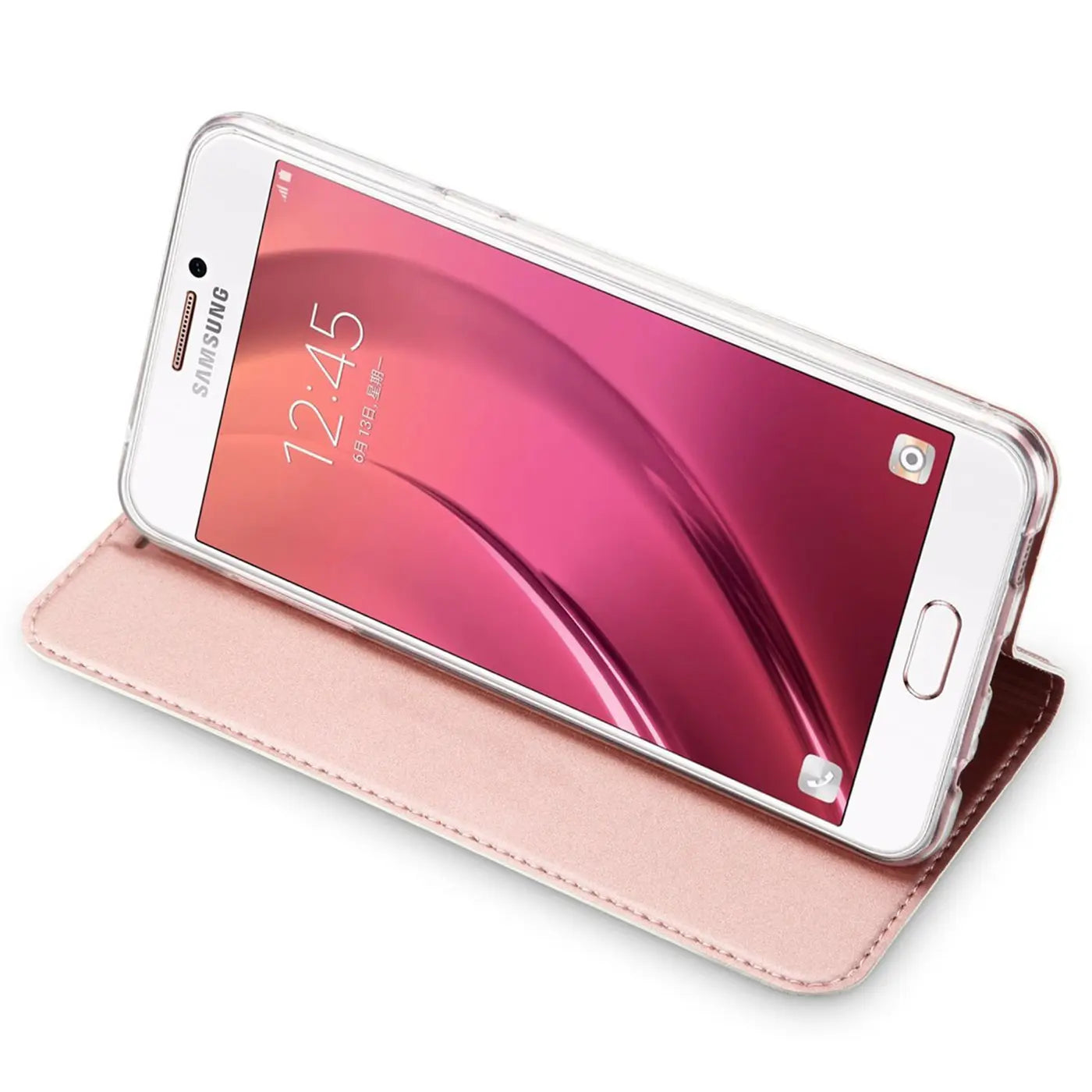 Rosa Kunstleder-Flip-Hülle mit transparentem Rahmen für Samsung Galaxy A3 2017, Seitenansicht.