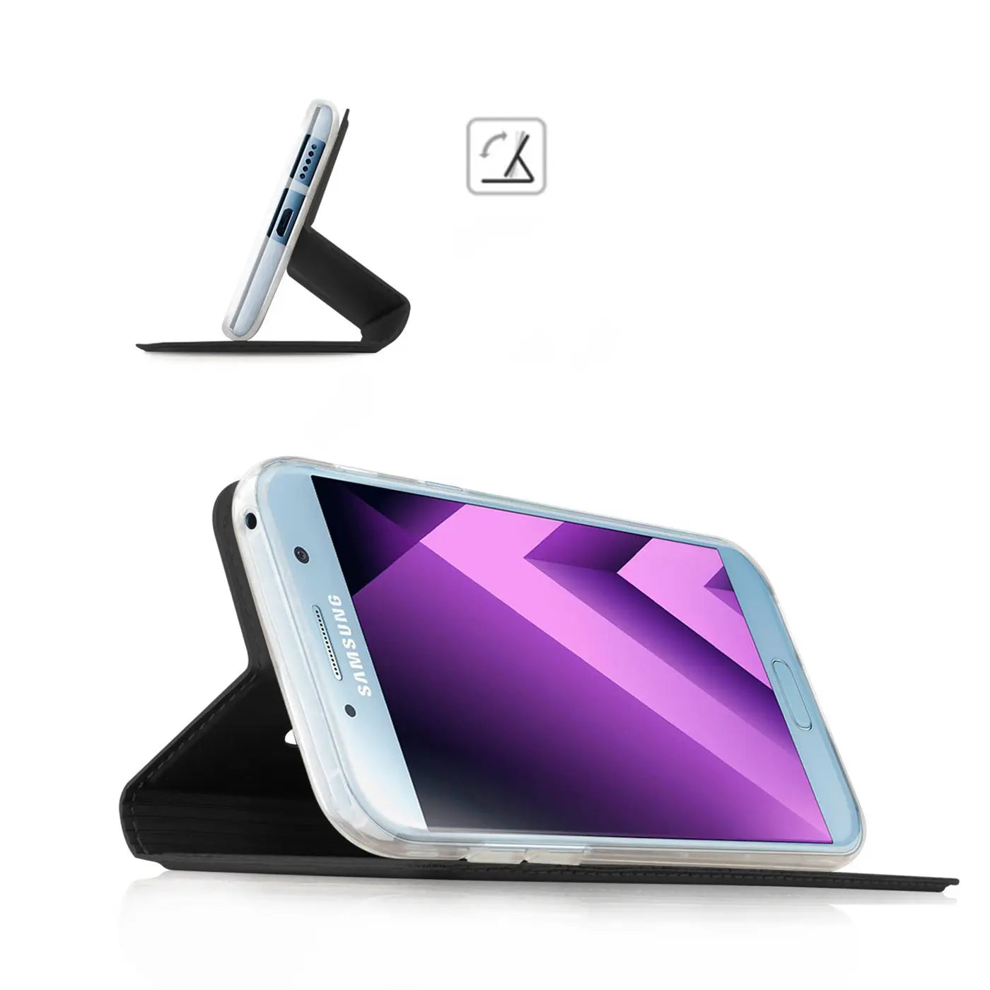 Schwarze Klapphülle aus Leder mit Ständerfunktion für Samsung Galaxy A3 2017, seitliche Ansicht.