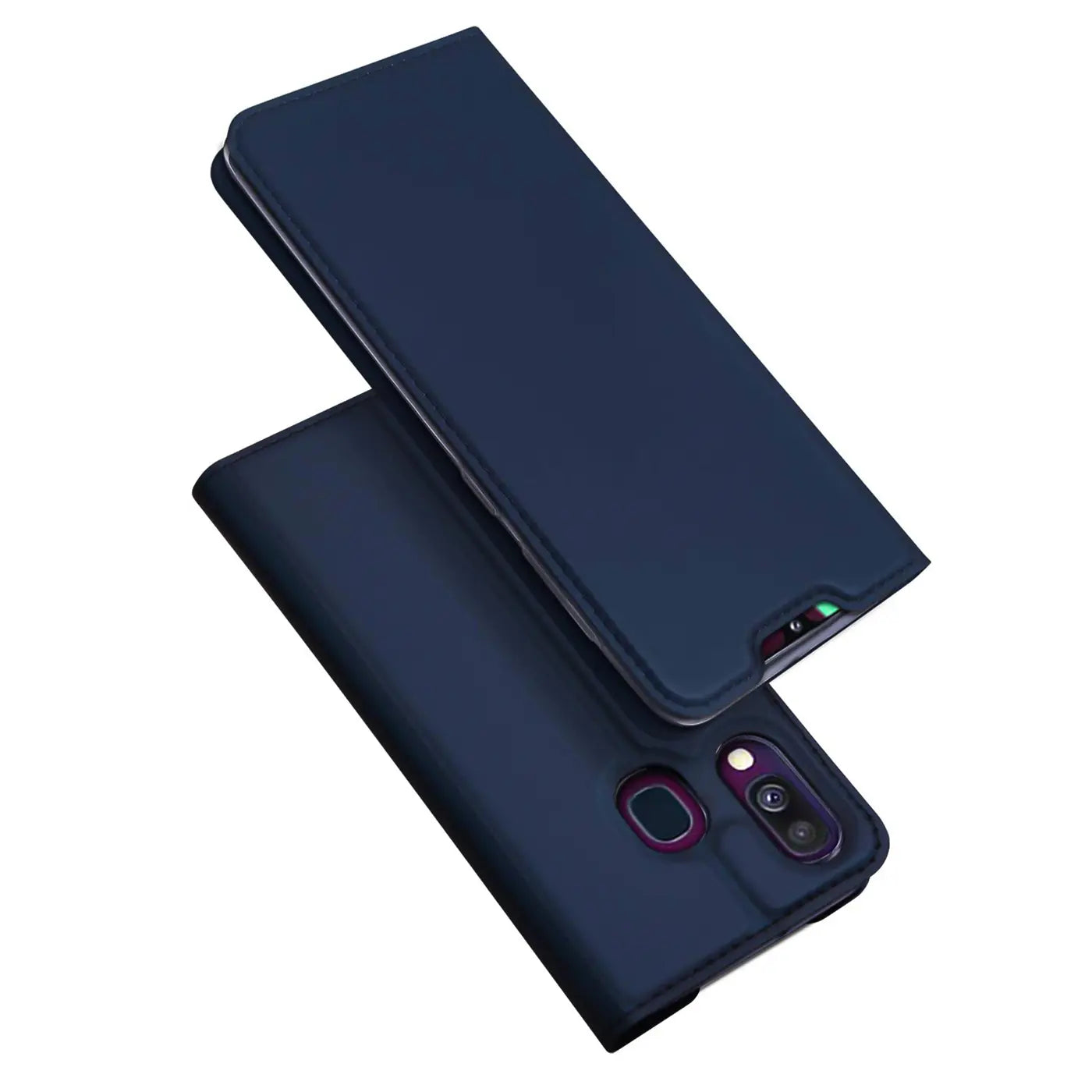 Dunkelblaue Klapphülle aus Leder für Samsung Galaxy A40, von oben gesehen.