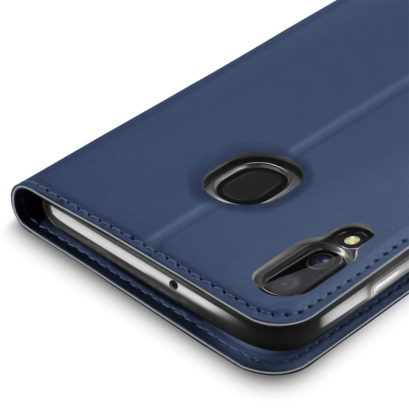 Blaue Kunstleder-Flip-Hülle für Samsung Galaxy A40, Nahaufnahme von hinten.
