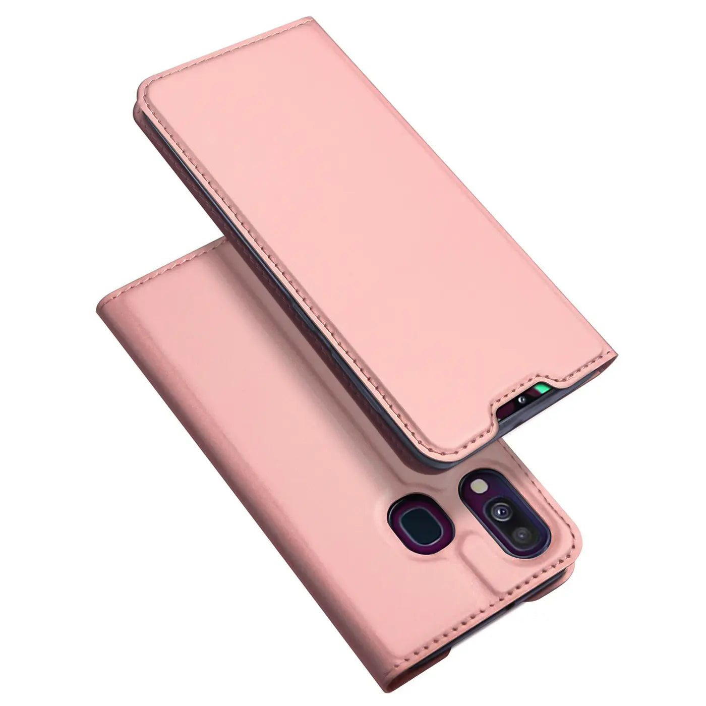 Rosa Metallic Flip Hülle aus Kunstleder für Samsung Galaxy A40, von oben schräg gesehen.