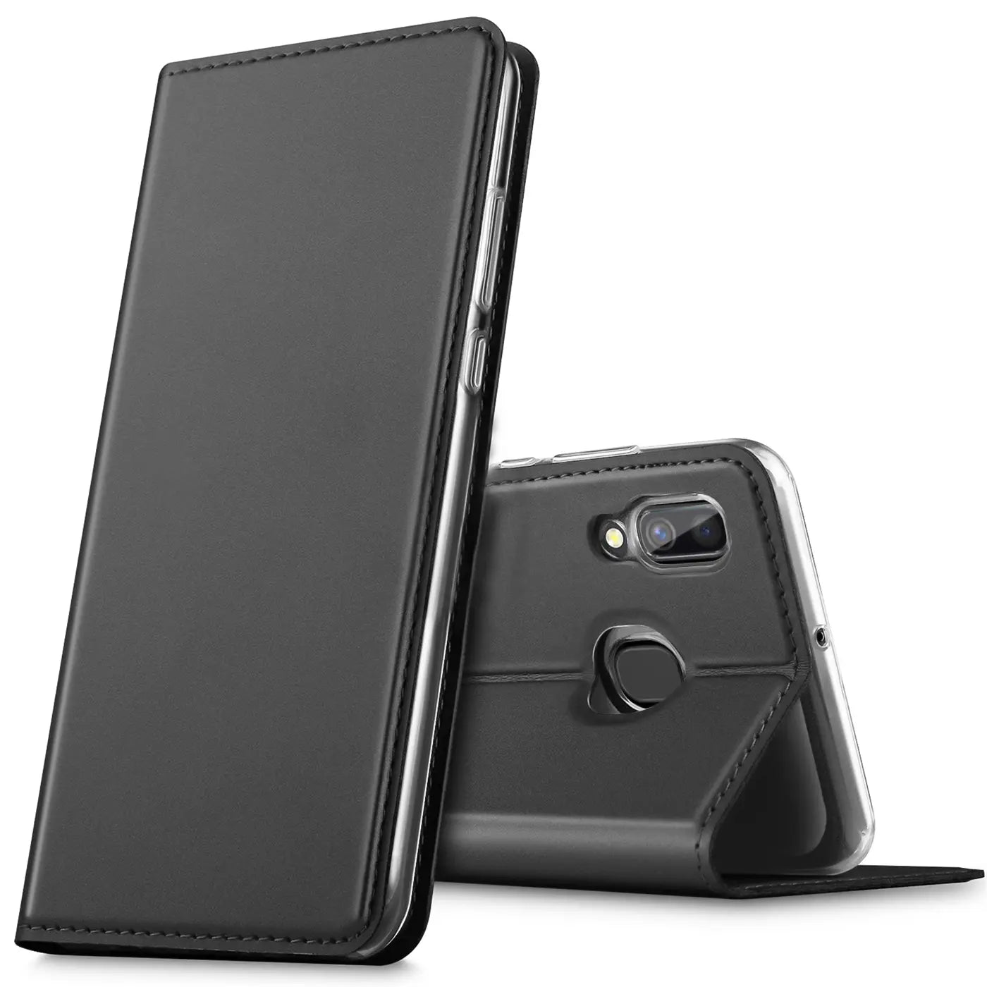Schwarze Leder-Flip-Hülle für Samsung Galaxy A40, von vorne und hinten gezeigt