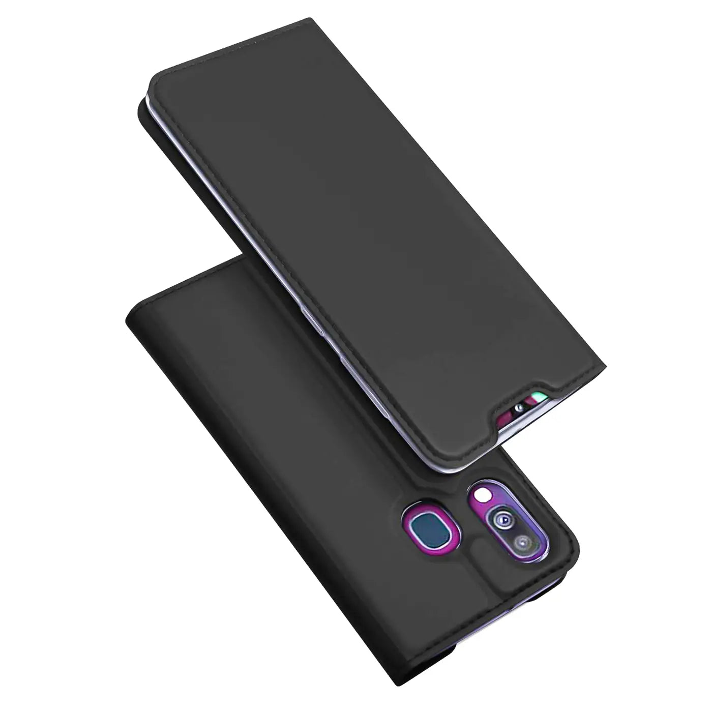 Schwarze Leder-Flip-Hülle für Samsung Galaxy A40, von oben, mit Kameraöffnung.