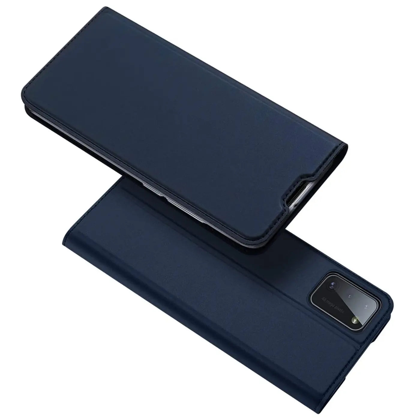 Dunkelblaue Klapphülle aus Kunstleder für Samsung Galaxy A41, von oben fotografiert.