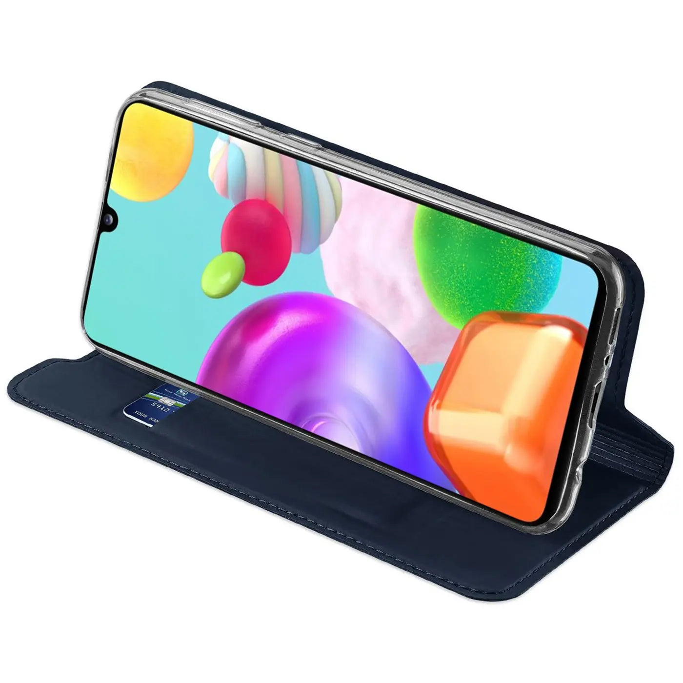 Dunkelblaue Kunstleder-Flip-Hülle für Samsung Galaxy A41, seitliche Ansicht.
