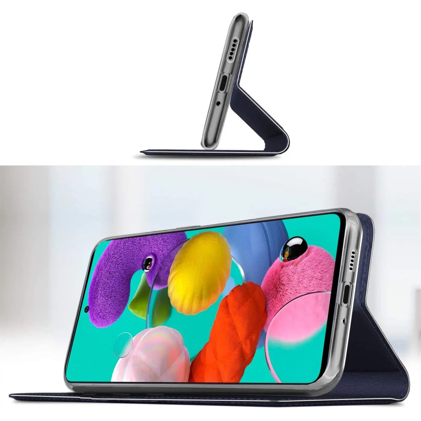 Dunkelblaue Metallic-Flip-Hülle für Samsung Galaxy A41, aufgestellt