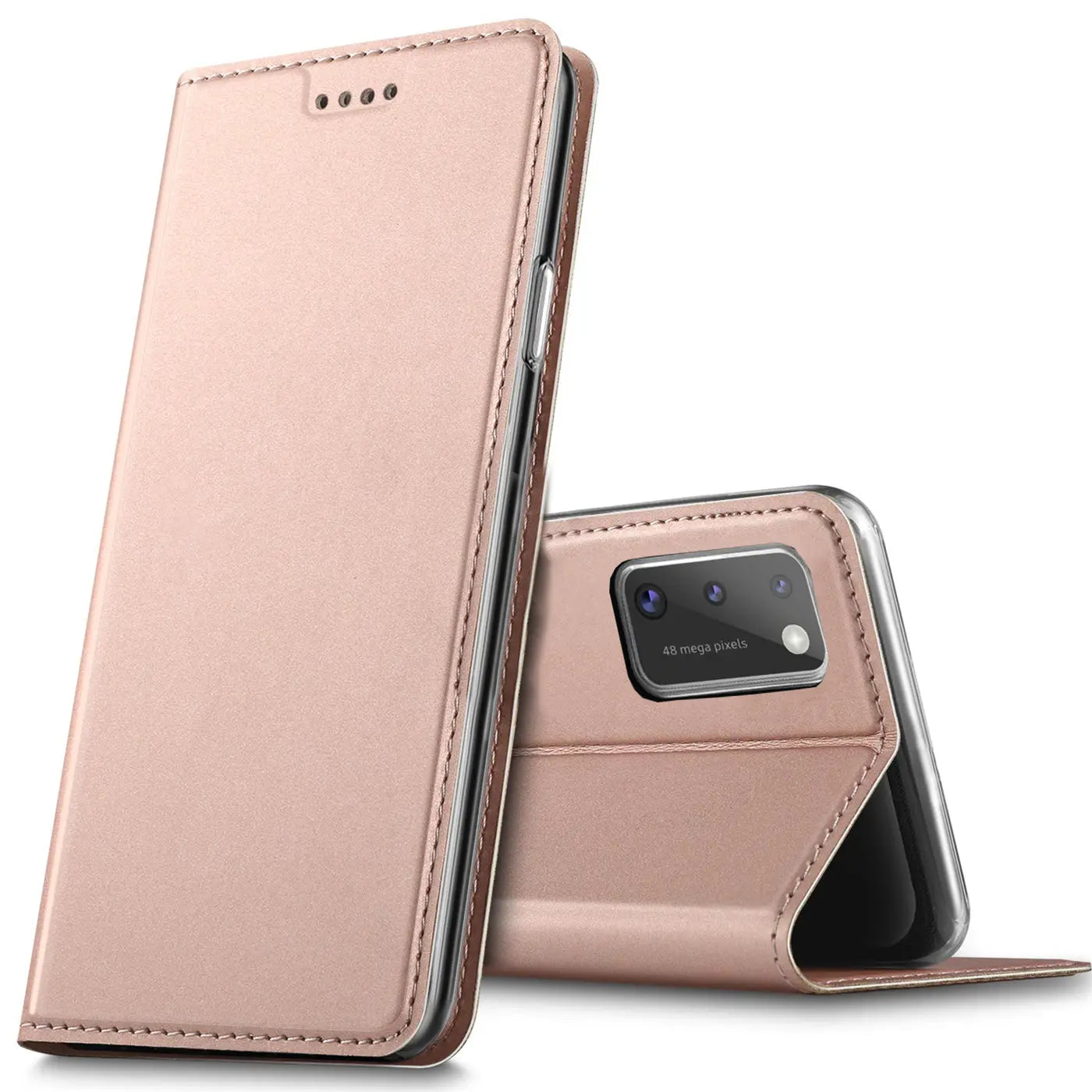 Metallic rosegoldene Klapphülle aus Kunstleder für Samsung Galaxy A41, von vorne und hinten gezeigt.