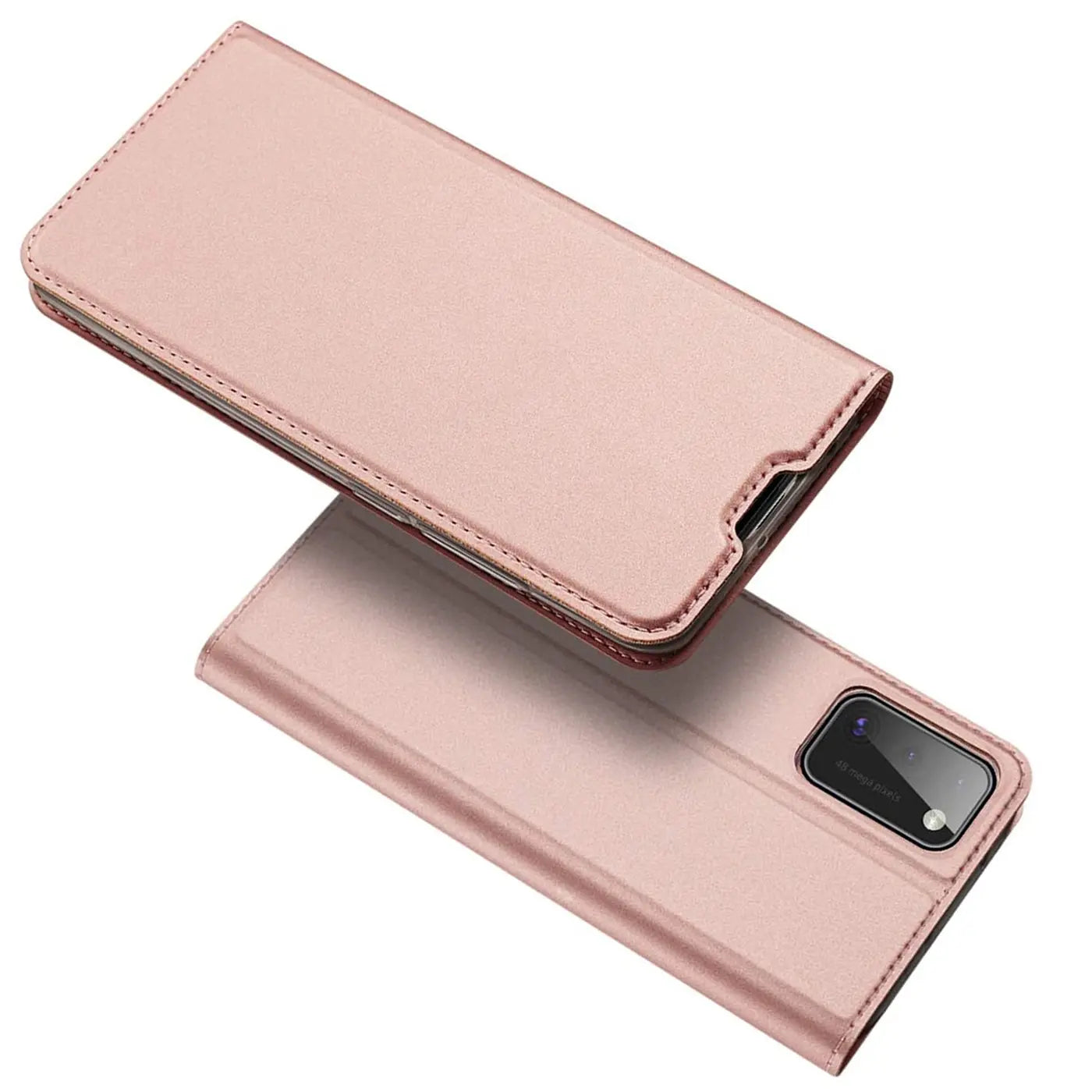 Rosafarbene Metallic-Flip-Hülle für Samsung Galaxy A41, von oben und vorne gezeigt.