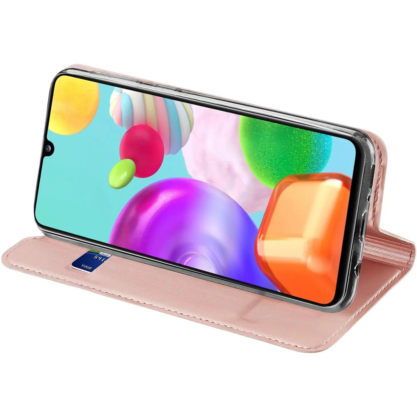 Rosa Leder-Flip-Hülle mit Kreditkartenfach für Samsung Galaxy A41, von vorne schräg