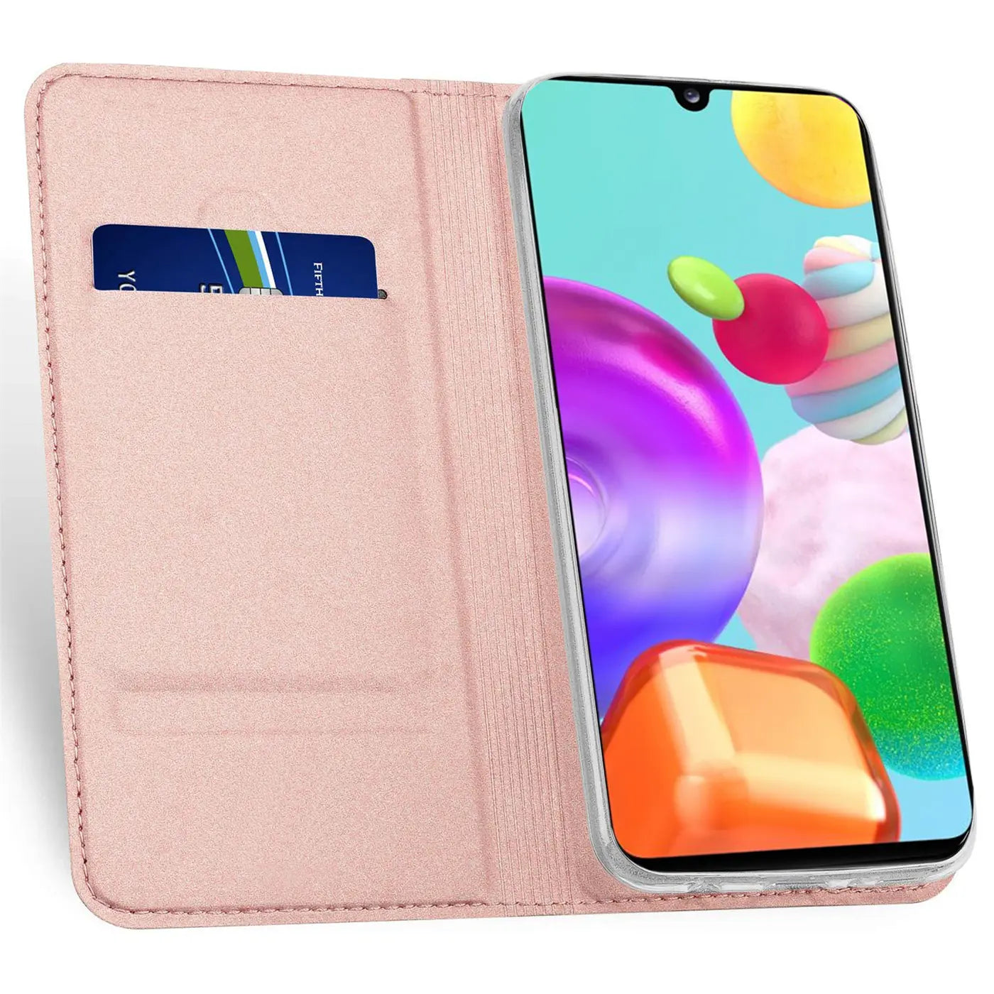 Rosa Kunstleder-Flip-Hülle mit Kartenfach, zeigt Samsung Galaxy A41.