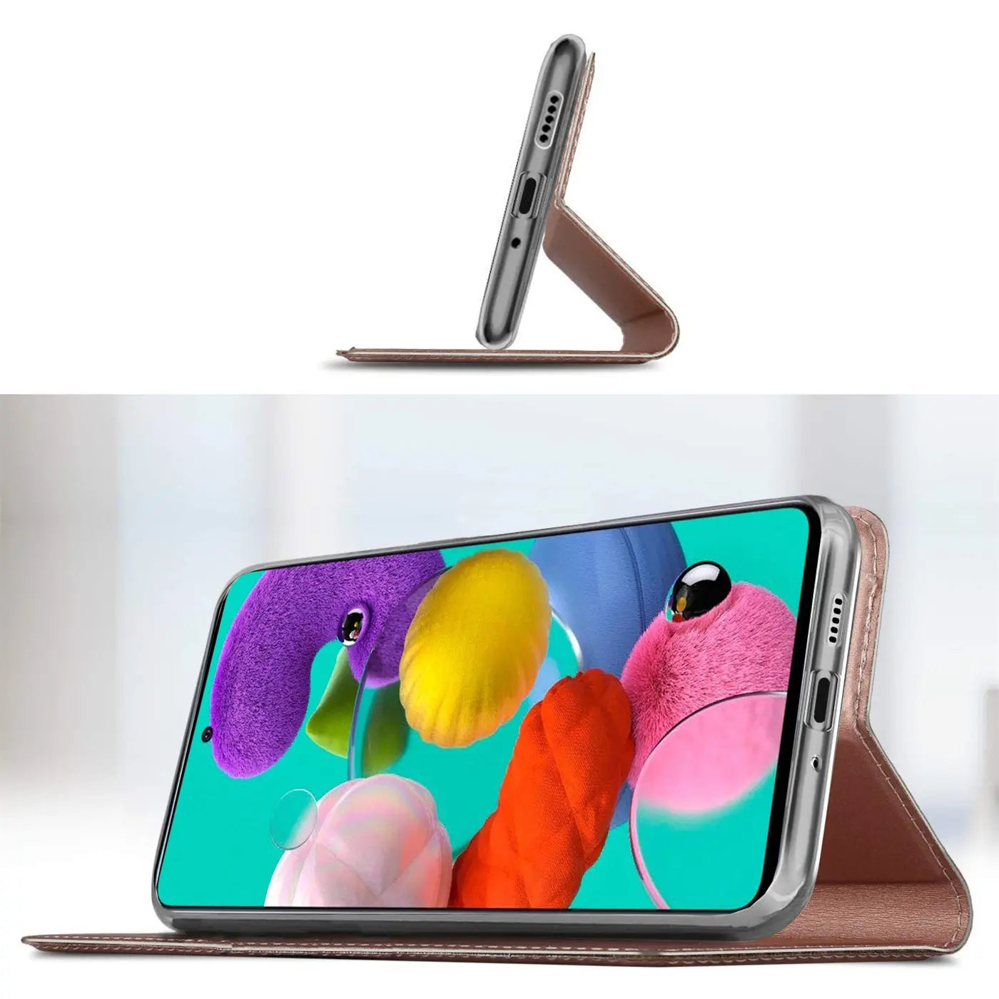 Metallic braune Klapphülle für Samsung Galaxy A41, von der Seite und vorne gezeigt.