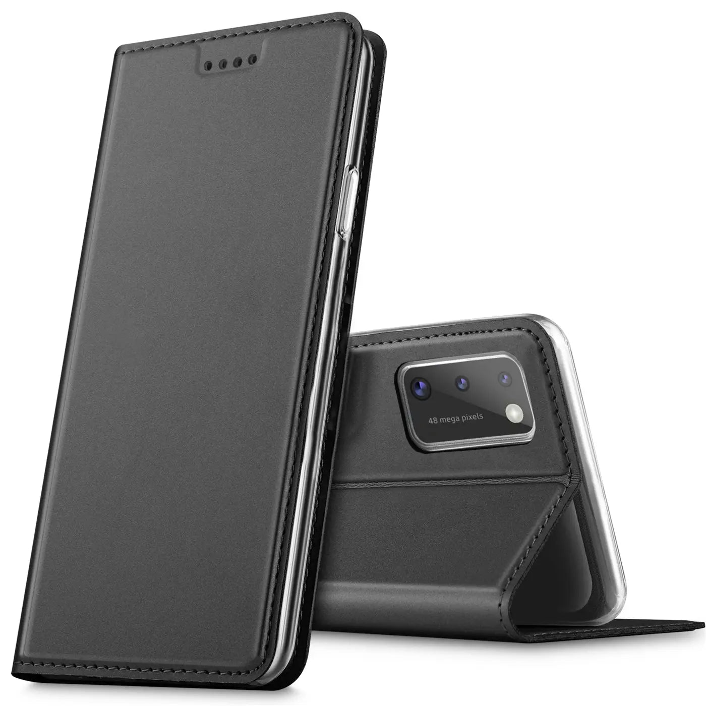 Schwarze Leder-Flip-Hülle für Samsung Galaxy A41, von vorne und hinten mit Kameraansicht.