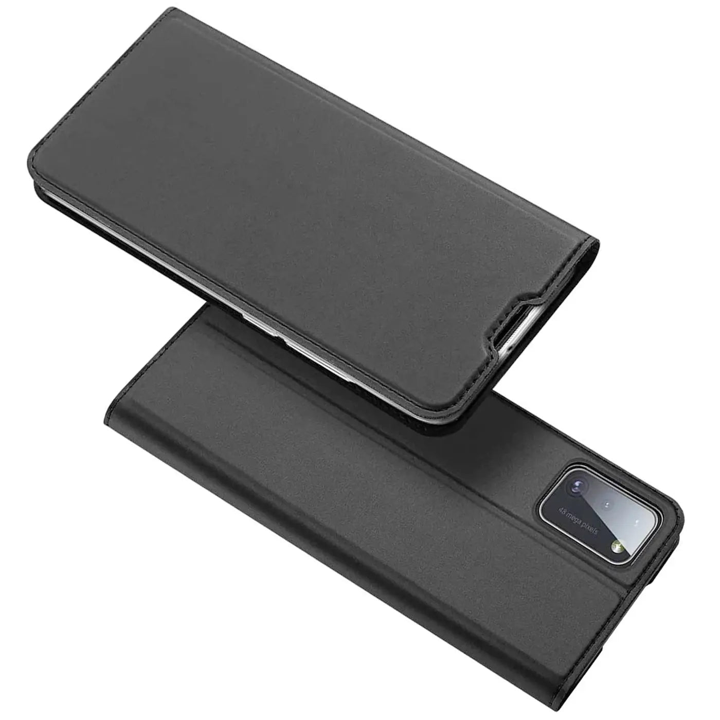 Schwarze Kunstleder-Flip-Hülle, seitliche Ansicht, zeigt Samsung Galaxy A41.