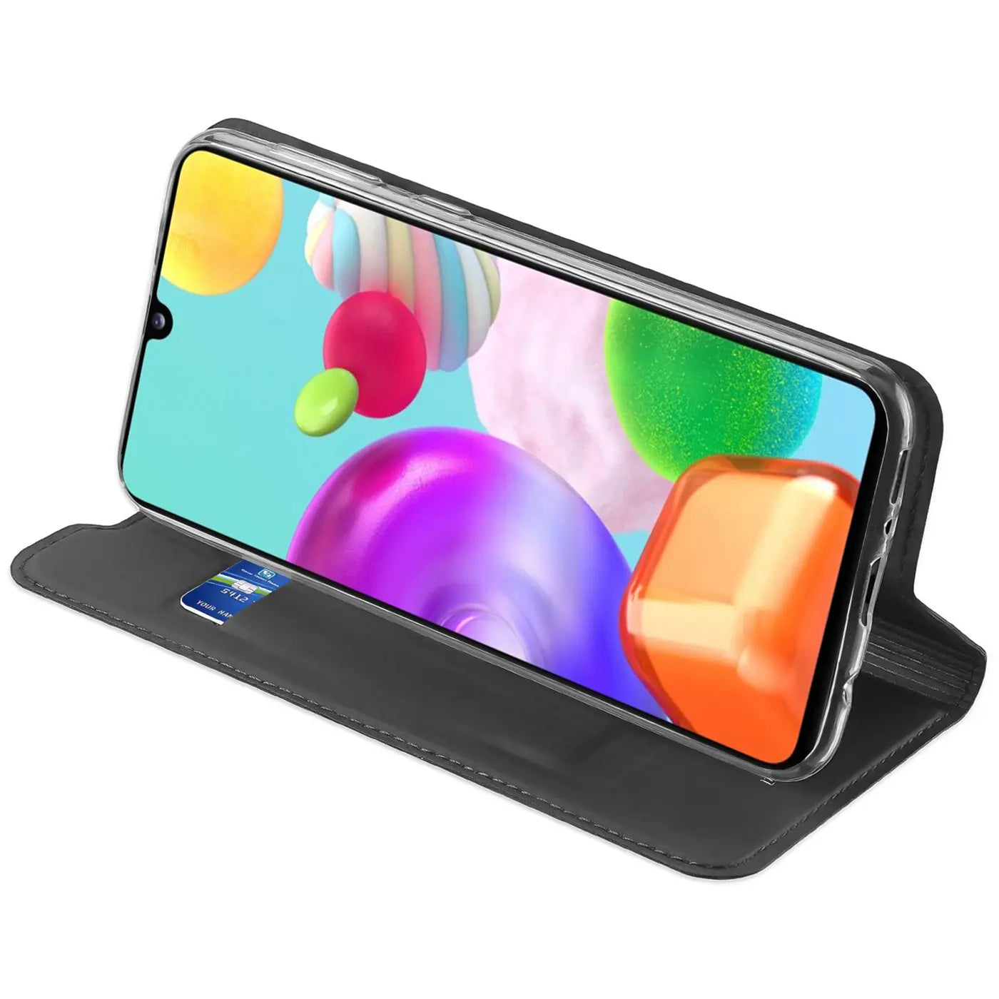 Graue Kunstleder-Flip-Hülle für Samsung Galaxy A41, seitliche Ansicht, mit Kartenfach.