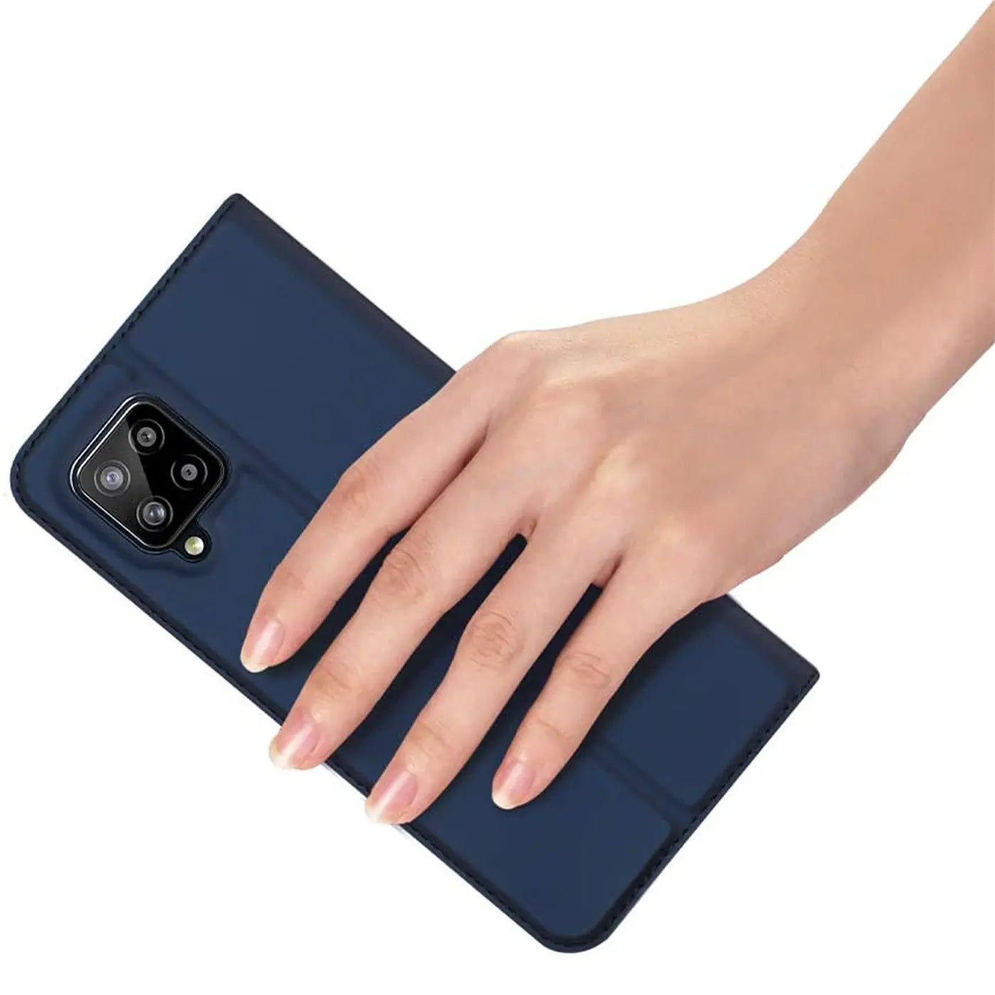 Blaue Kunstleder-Flip-Hülle auf Samsung Galaxy A42 5G, von oben gezeigt.