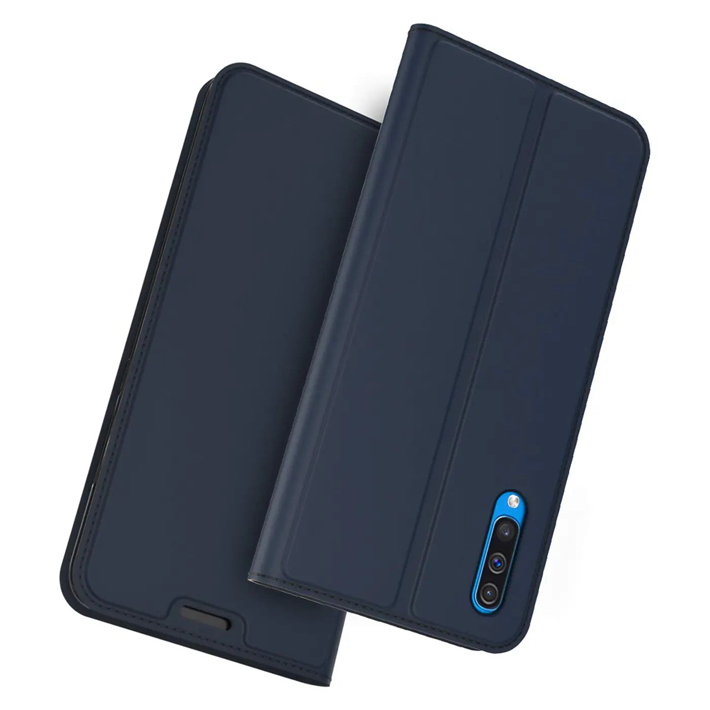 Dunkelblaue Flip-Hülle aus Kunstleder für Samsung Galaxy A50/A30s, von oben, mit Kamera-Aussparung.