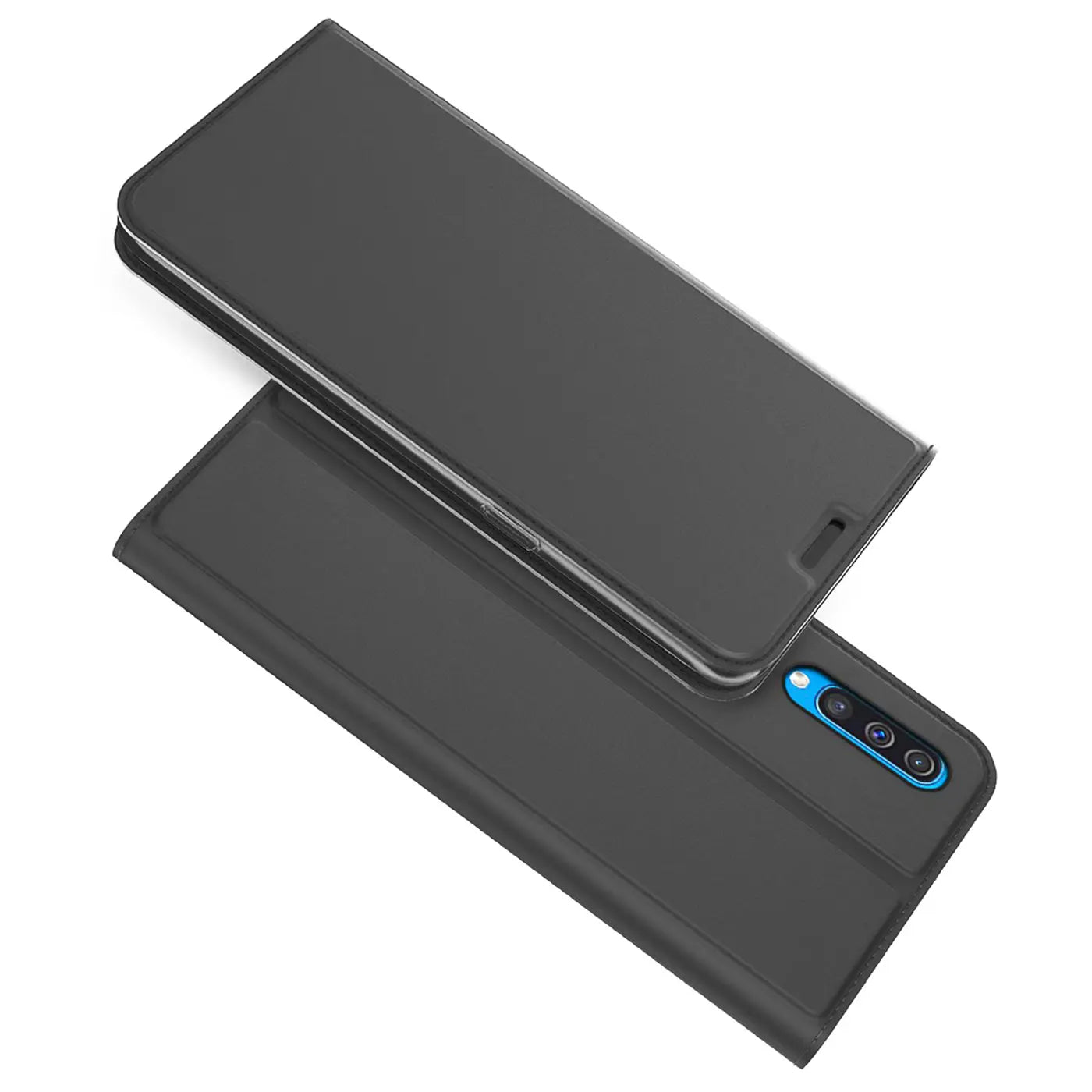 Graue Metallic-Flip-Hülle aus Leder für Samsung Galaxy A50/A30s, von oben, mit Kamera.