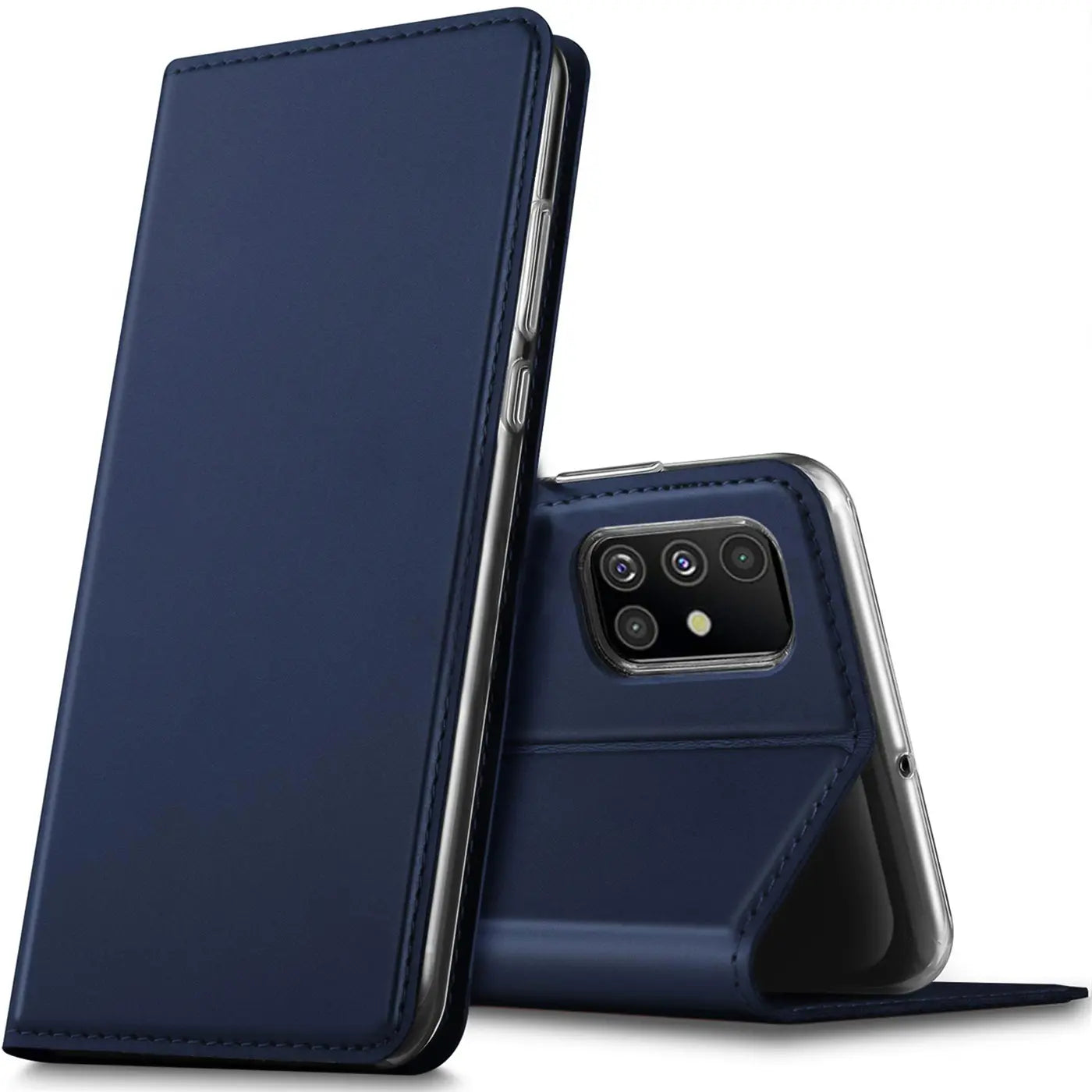 Dunkelblaue Leder-Flip-Hülle für Samsung Galaxy A51, von vorne links, offen