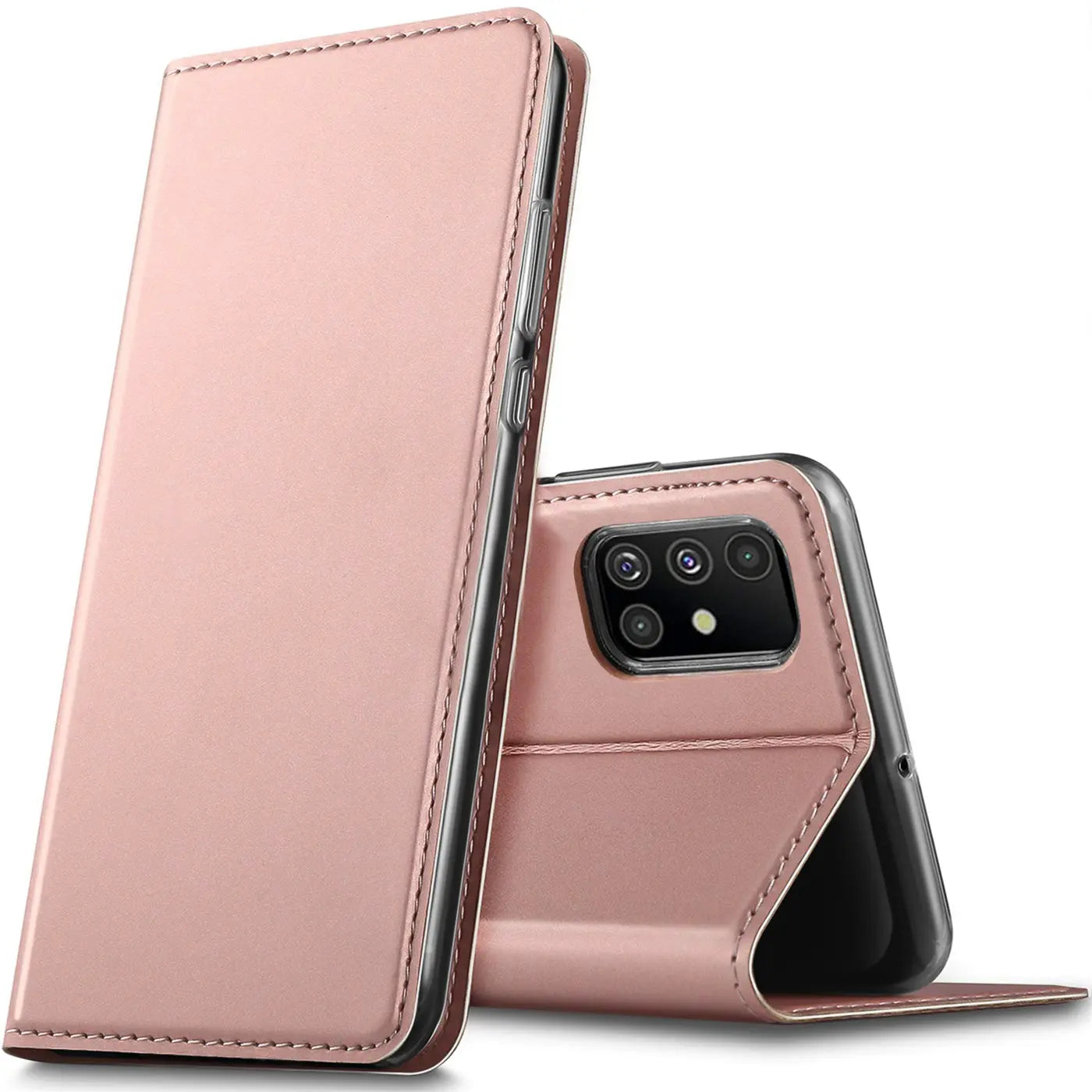 Rosafarbene Metallic-Flip-Hülle für Samsung Galaxy A51, Leder, Vorderansicht.