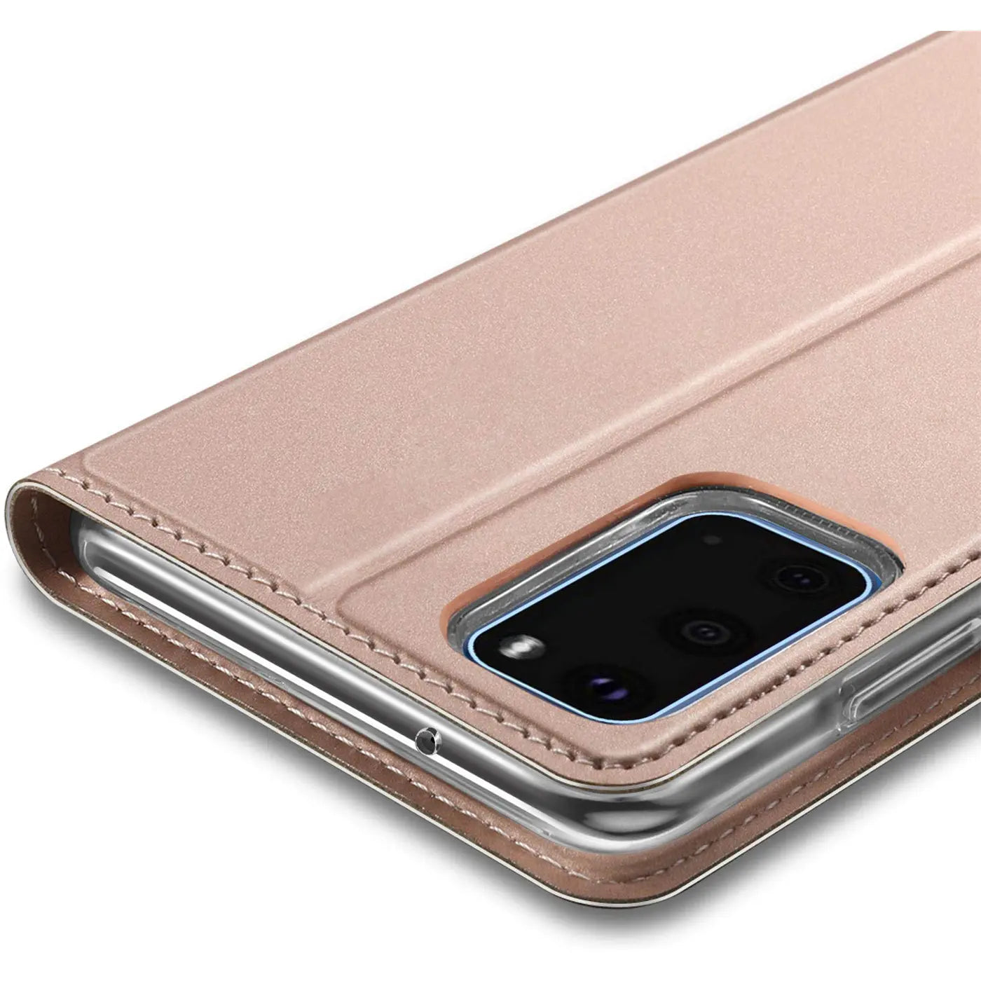 Metallic rosé Flip Hülle aus Kunstleder, Nahaufnahme, Samsung Galaxy A51.