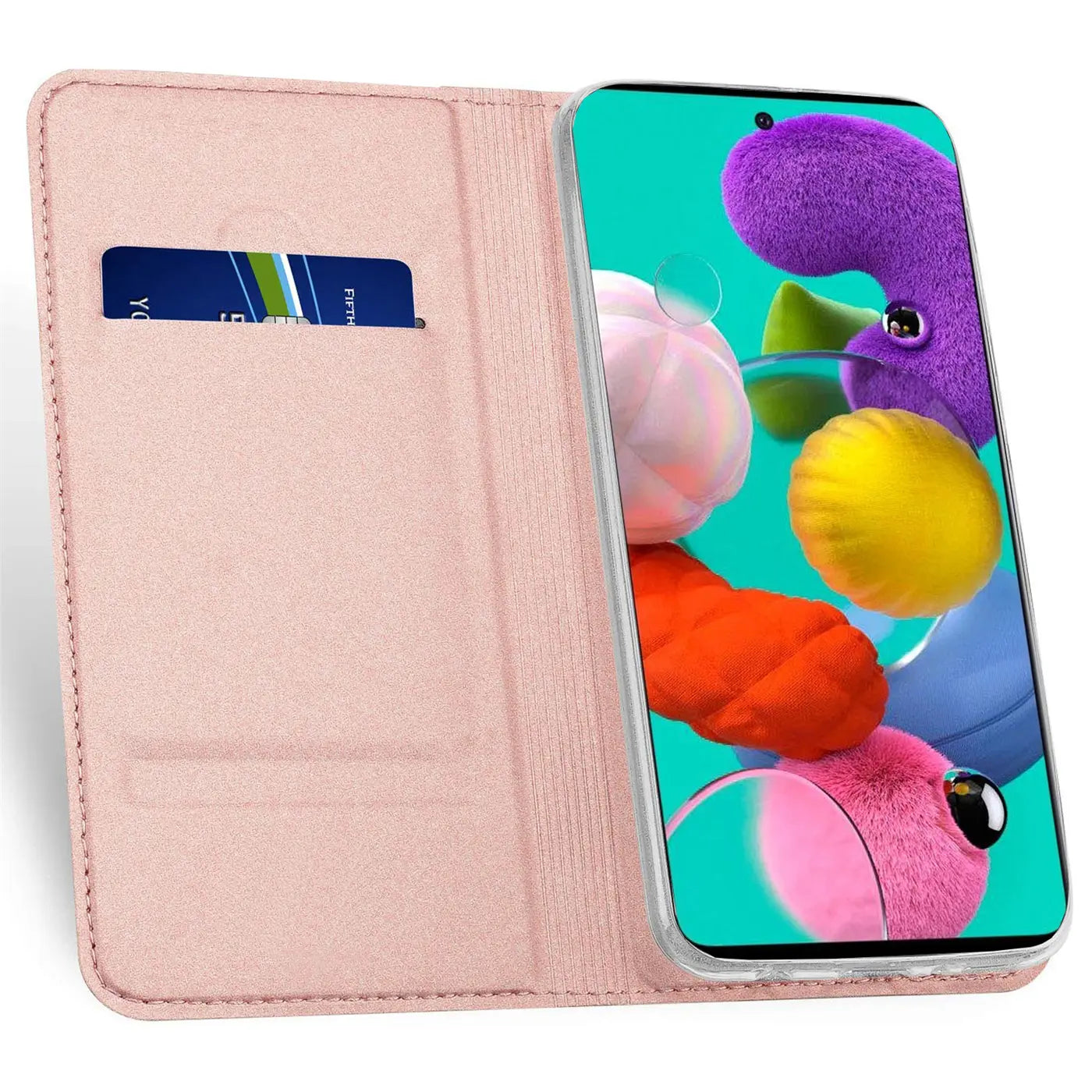 Rosa Kunstleder-Flip-Hülle mit Kartenfach, zeigt Samsung Galaxy A51.