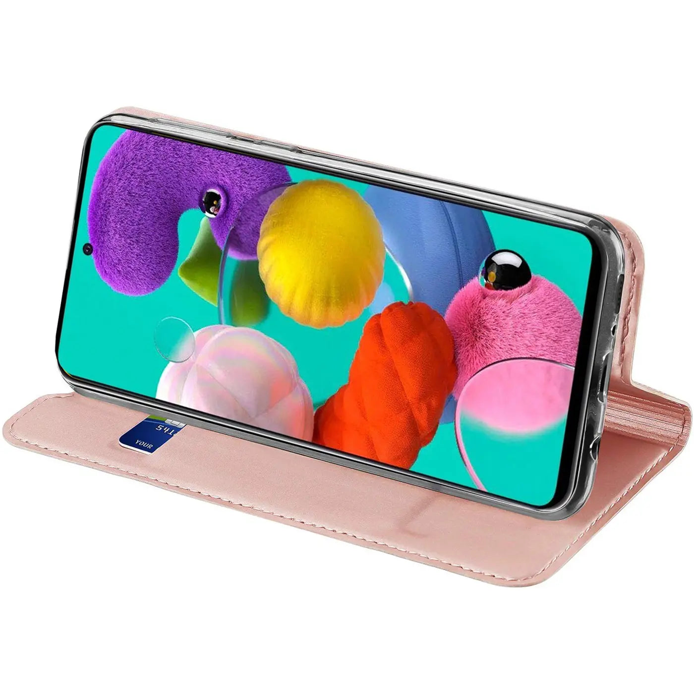 Rosa Kunstleder-Flip-Hülle für Samsung Galaxy A51, von vorne schräg