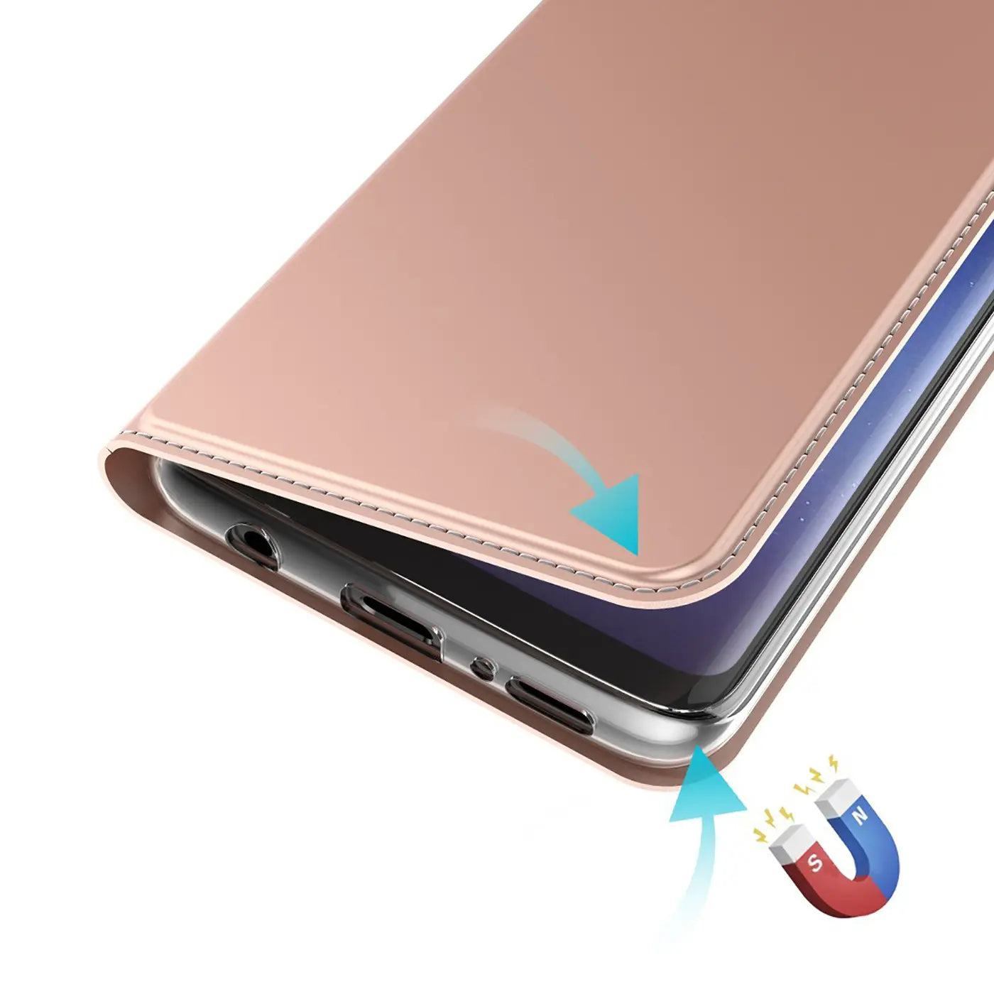 Rosafarbene Metallic-Flip-Hülle aus Kunstleder für Samsung Galaxy A51, Nahaufnahme mit Magnet-Symbol.