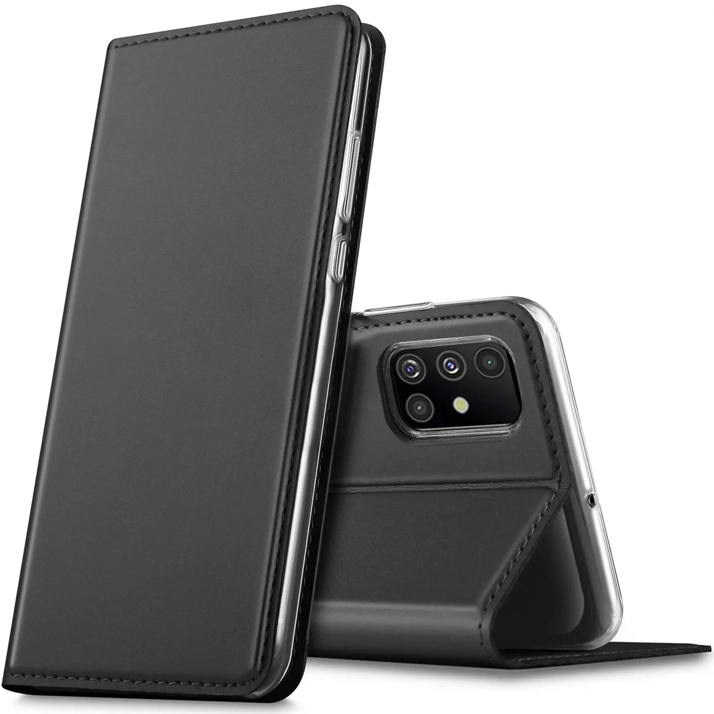 Schwarze Kunstleder-Flip-Hülle für Samsung Galaxy A51, von vorne links, mit aufgestelltem Gerät.