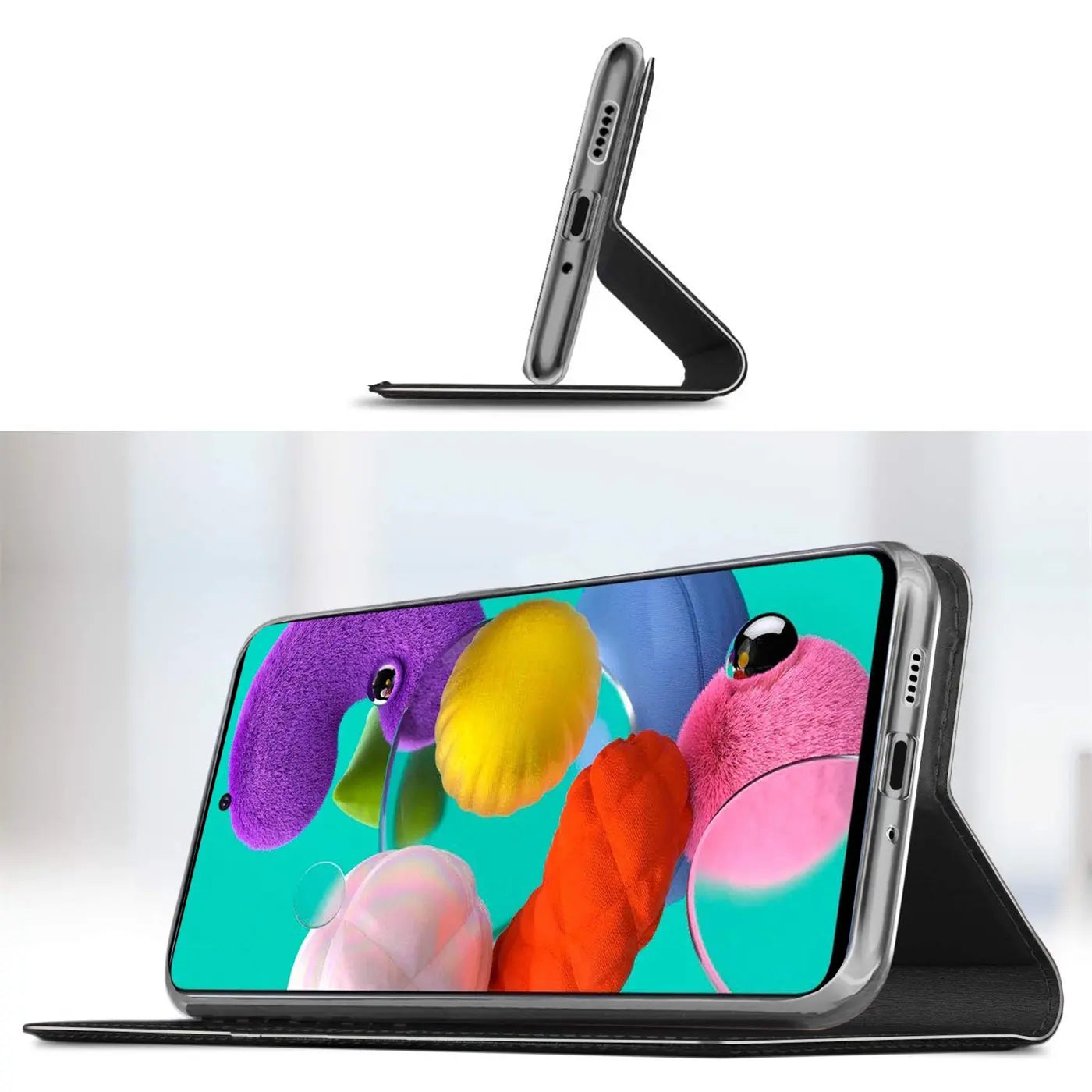 Samsung Galaxy A51 in metallic-grauer Klapphülle mit Ständerfunktion, Seitenansicht.