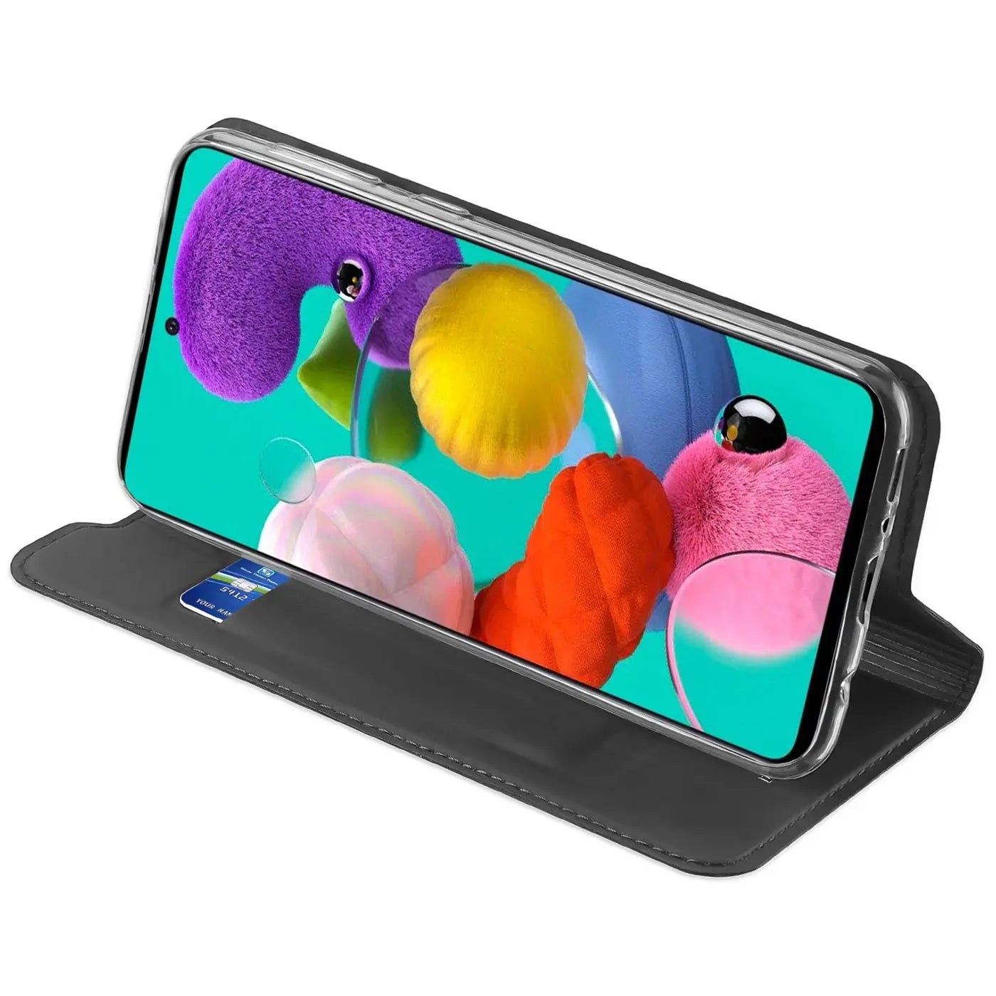 Graue Kunstleder-Flip-Hülle mit Kreditkartenfach, zeigt Samsung Galaxy A51.