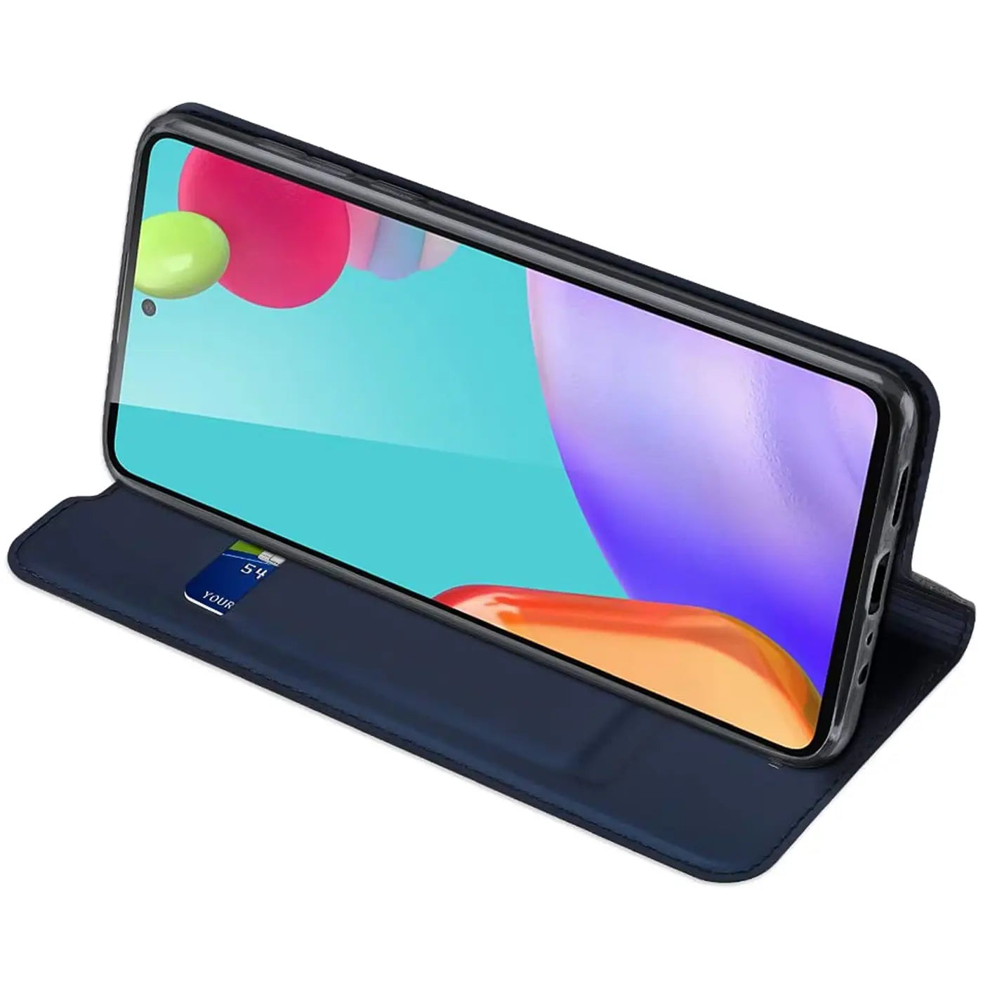 Dunkelblaue Kunstleder-Flip-Hülle mit Kartenfach für Samsung Galaxy A52, von vorne.