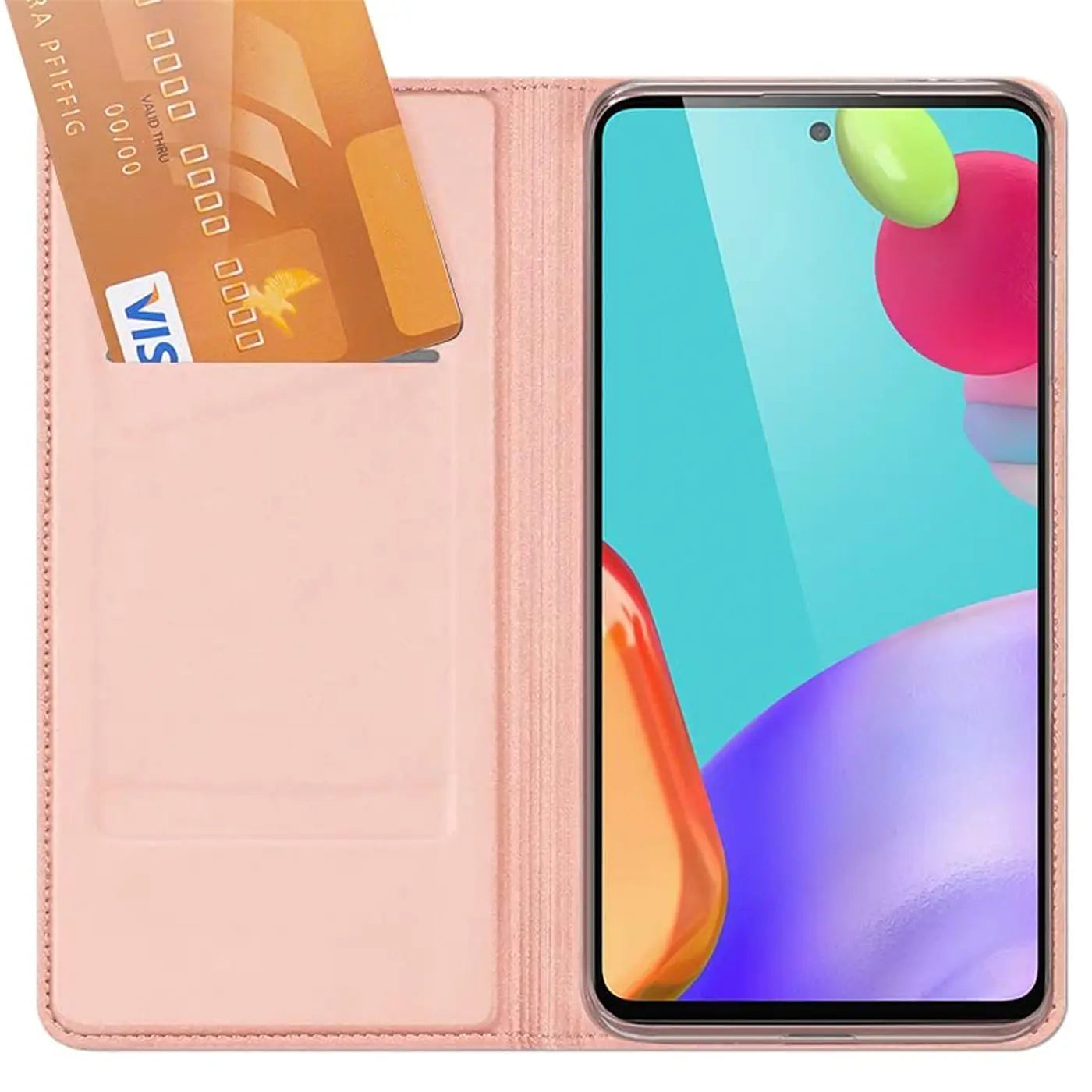 Rosa Klapphülle aus Kunstleder mit Kartenfach, zeigt Samsung Galaxy A52.