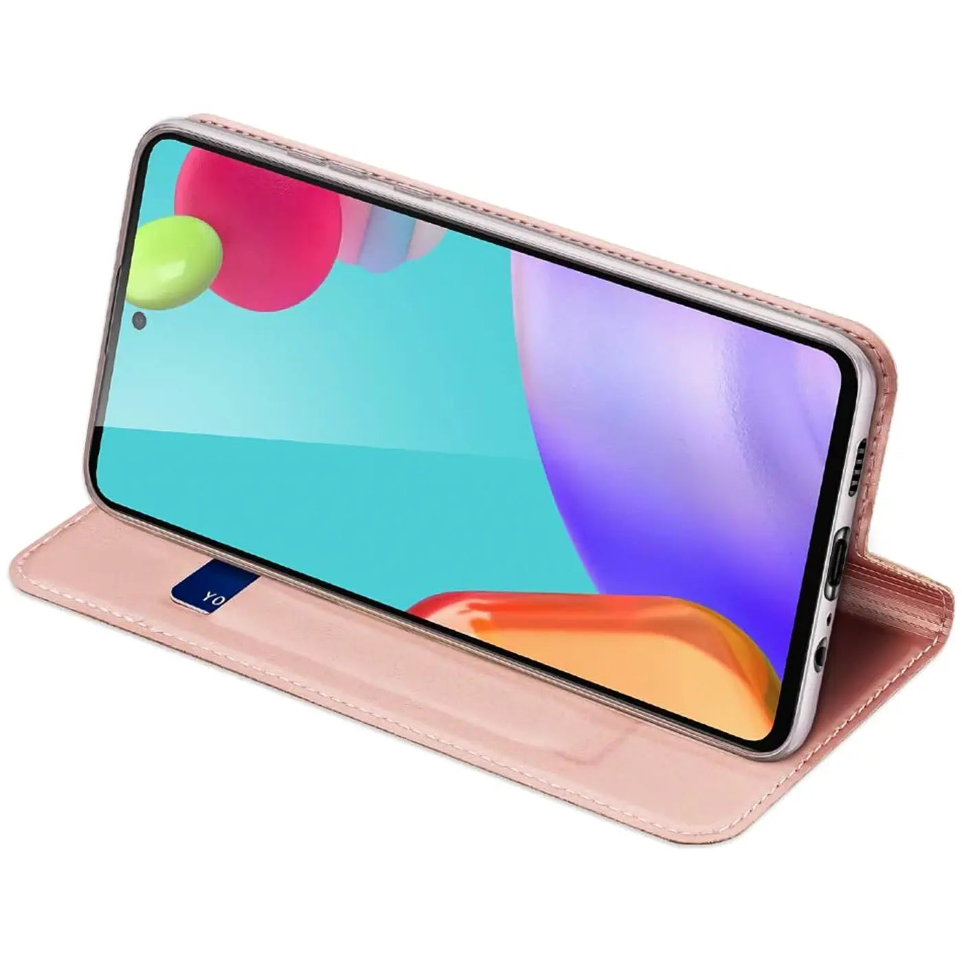 Rosa Kunstleder-Flip-Hülle mit Samsung Galaxy A52 auf der Seite, von vorne schräg.
