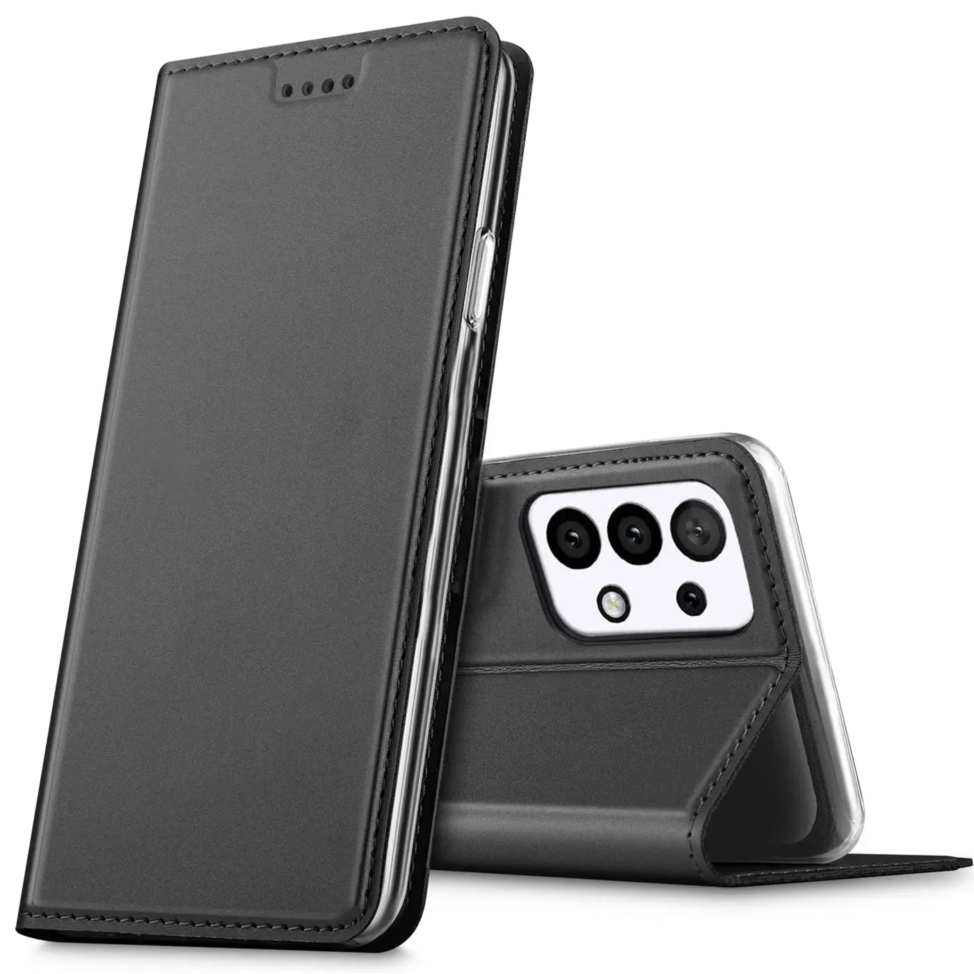 Dunkelgraue Kunstleder-Flip-Hülle, seitliche Ansicht, zeigt Kamera von Samsung A52.