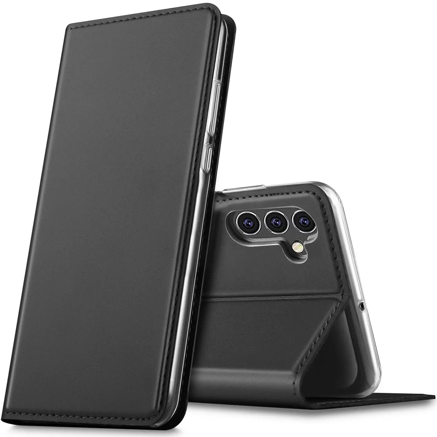Schwarze Kunstleder-Flip-Hülle für Samsung Galaxy A54 5G, von vorne seitlich betrachtet.