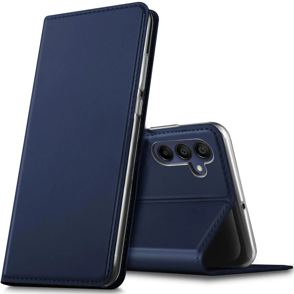 Dunkelblaue Leder-Flip-Hülle für Samsung Galaxy A55 5G, von vorne, aufgestellt.