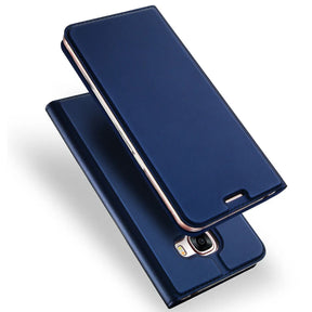 Dunkelblaue Metallic-Flip-Hülle aus Kunstleder für Samsung Galaxy A5 2017, von oben schräg fotografiert.