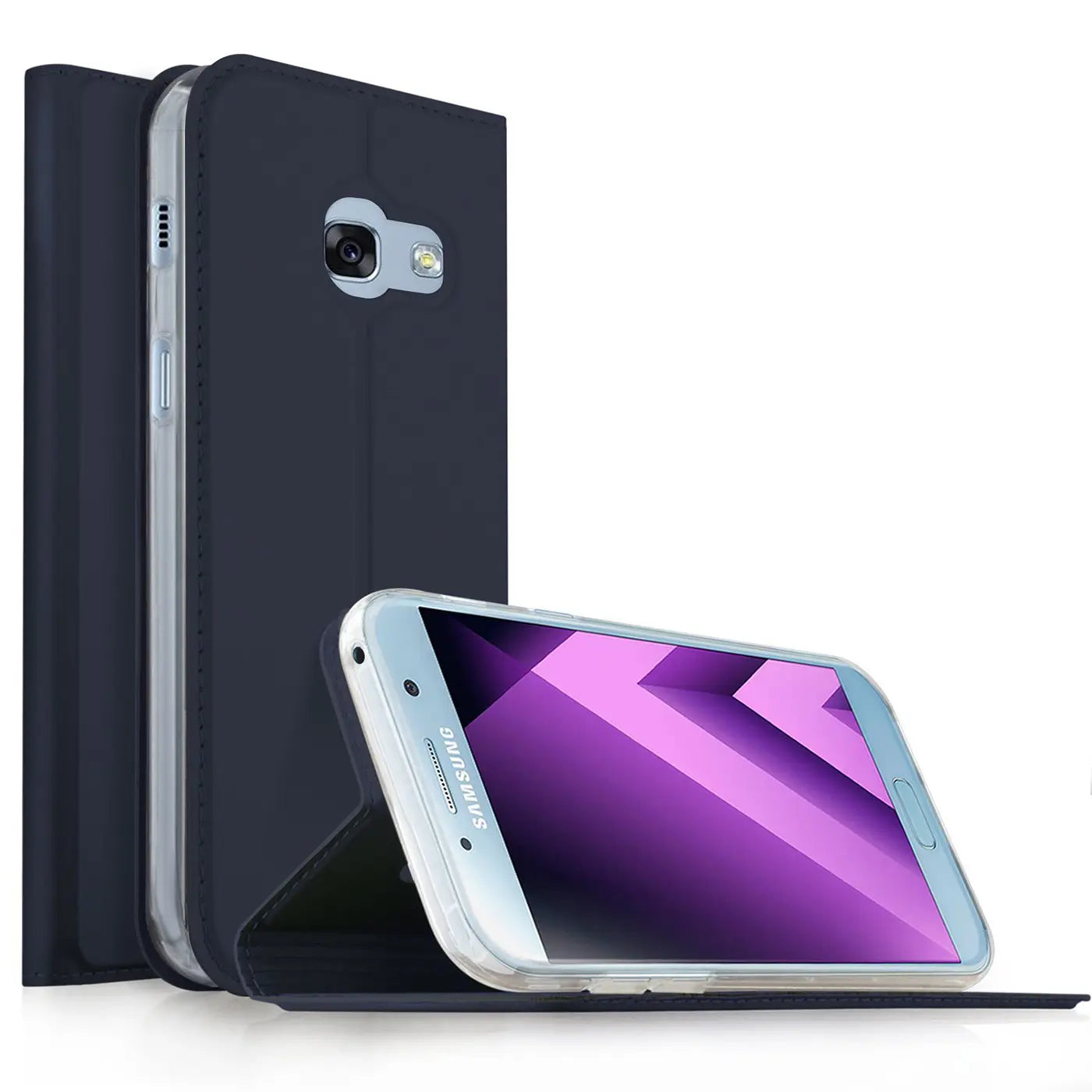 Dunkelblaue Klapphülle aus Kunstleder mit Samsung Galaxy A5 2017.