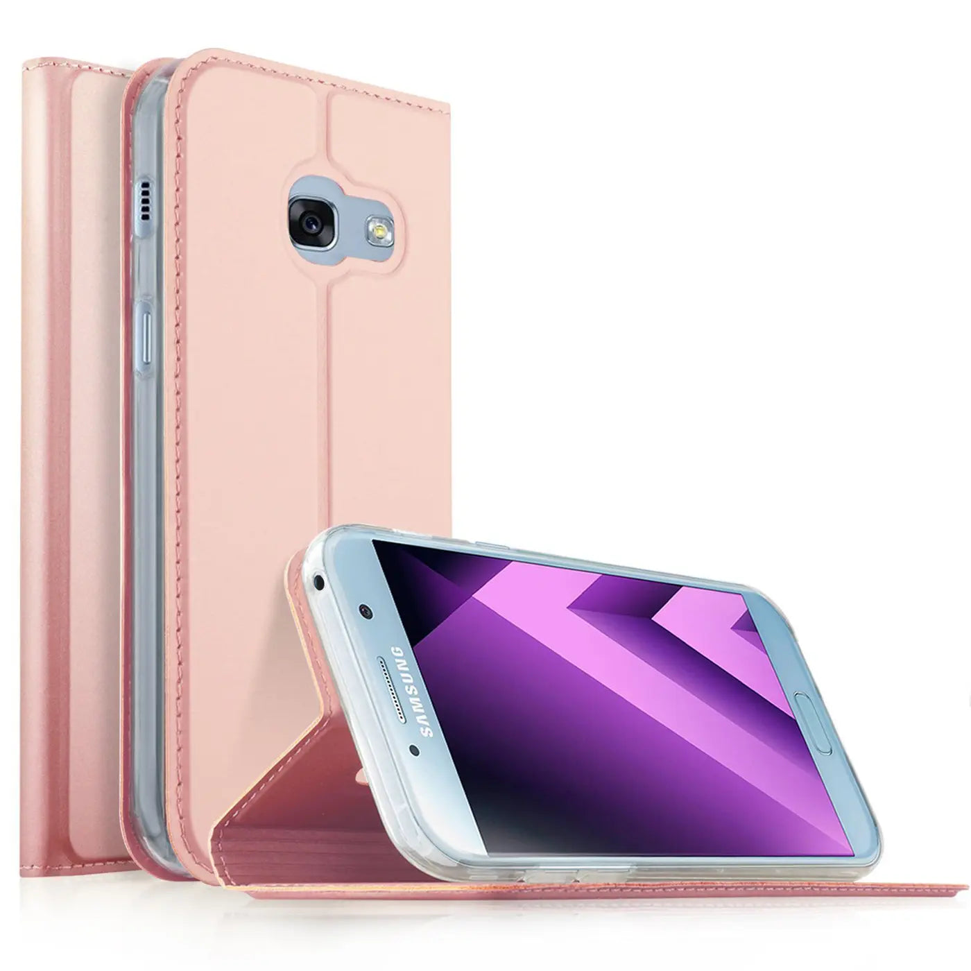 Rosa Kunstleder-Flip-Hülle für Samsung Galaxy A5 2017, seitliche Ansicht.