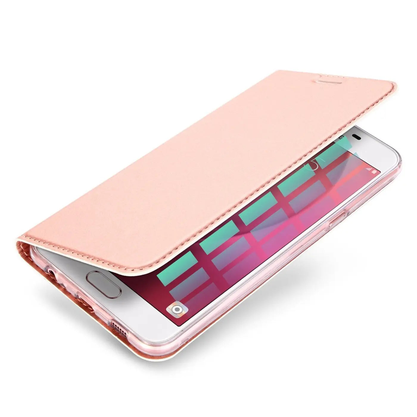 Rosa Metallic Flip Hülle, Lederimitat, auf einem Samsung Galaxy A5 2017.