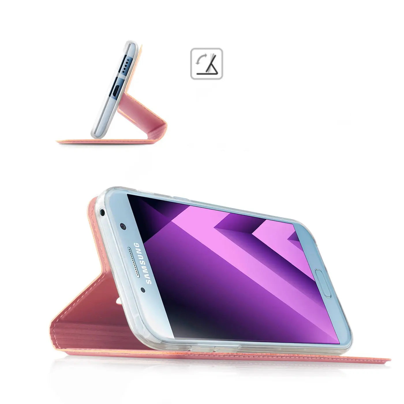 Rosa Klapphülle aus Kunstleder für Samsung Galaxy A5 2017, aufgestellt als Ständer.