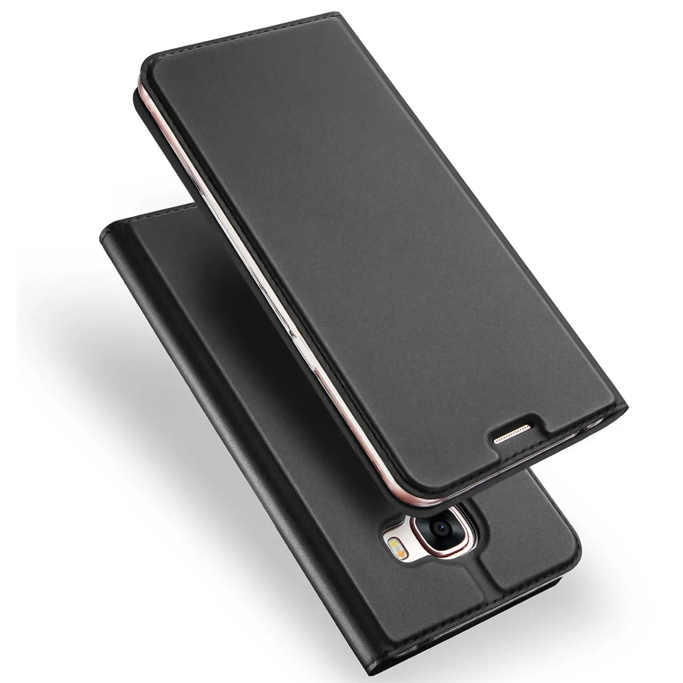 Schwarze Leder-Flip-Hülle für Samsung Galaxy A5 2017, von oben schräg fotografiert.