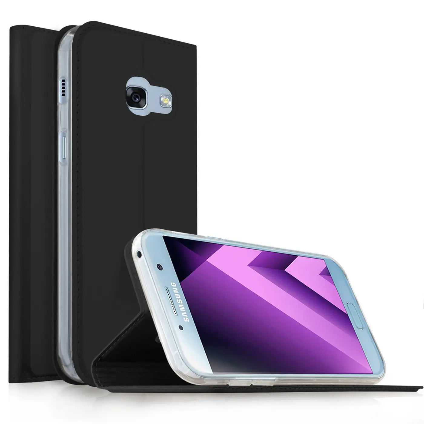 Schwarze Klapphülle aus Kunstleder mit Samsung Galaxy A5 2017, Seitenansicht.