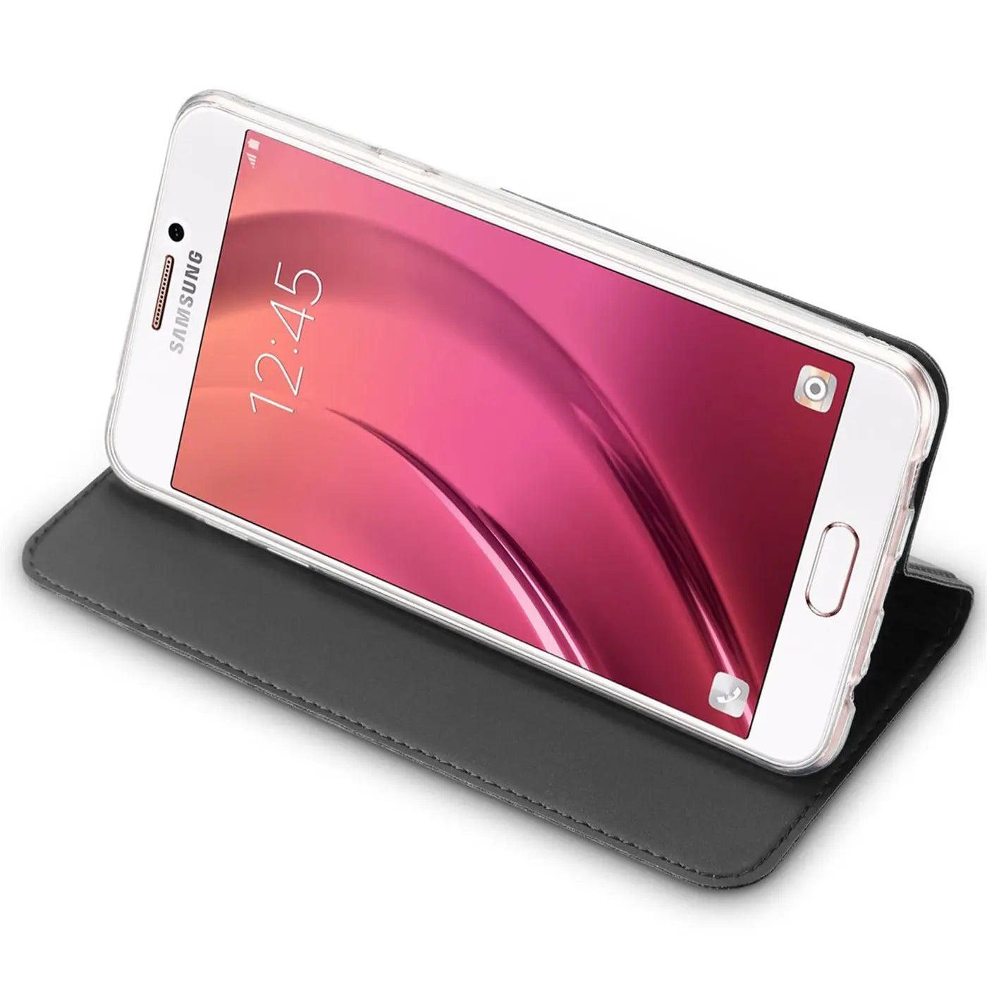 Samsung Galaxy A5 2017 in schwarzer Klapphülle, von vorne schräg fotografiert.