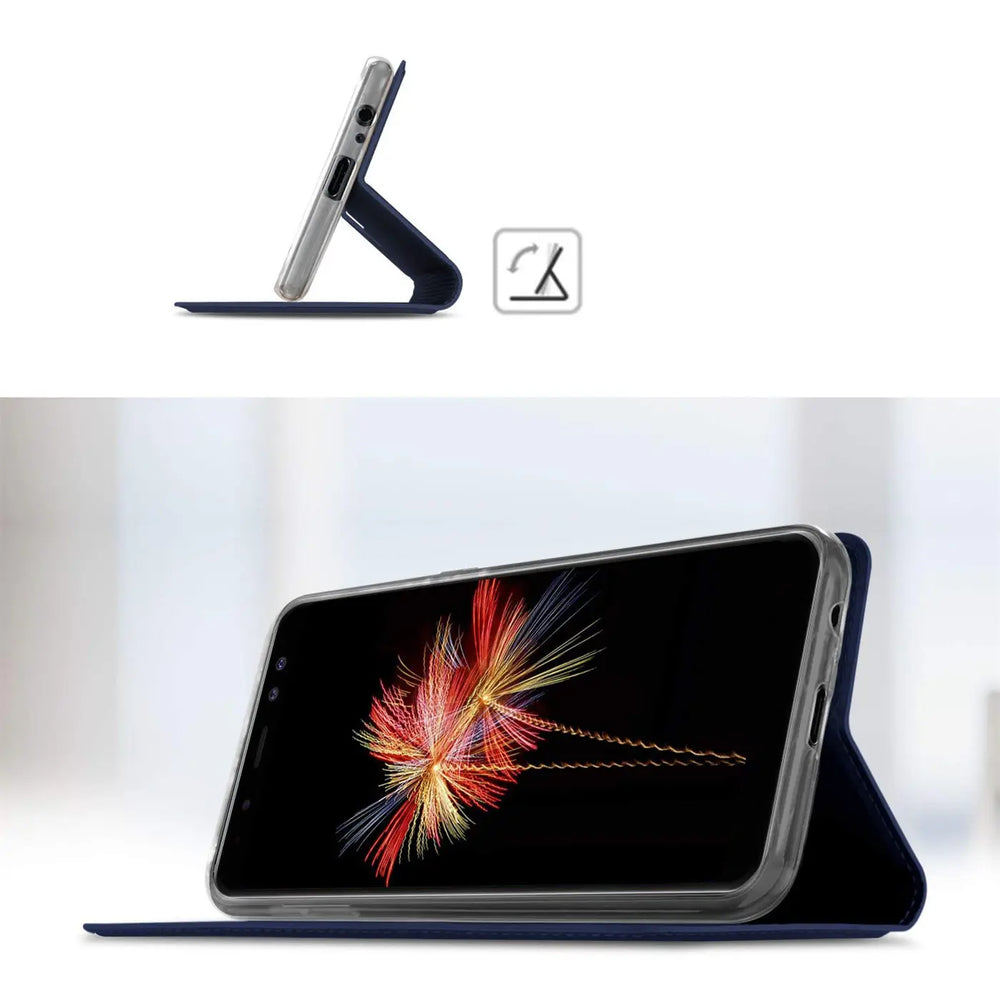 Dunkelblaue Klapphülle aus Kunstleder mit integriertem Ständer für Samsung Galaxy A6.