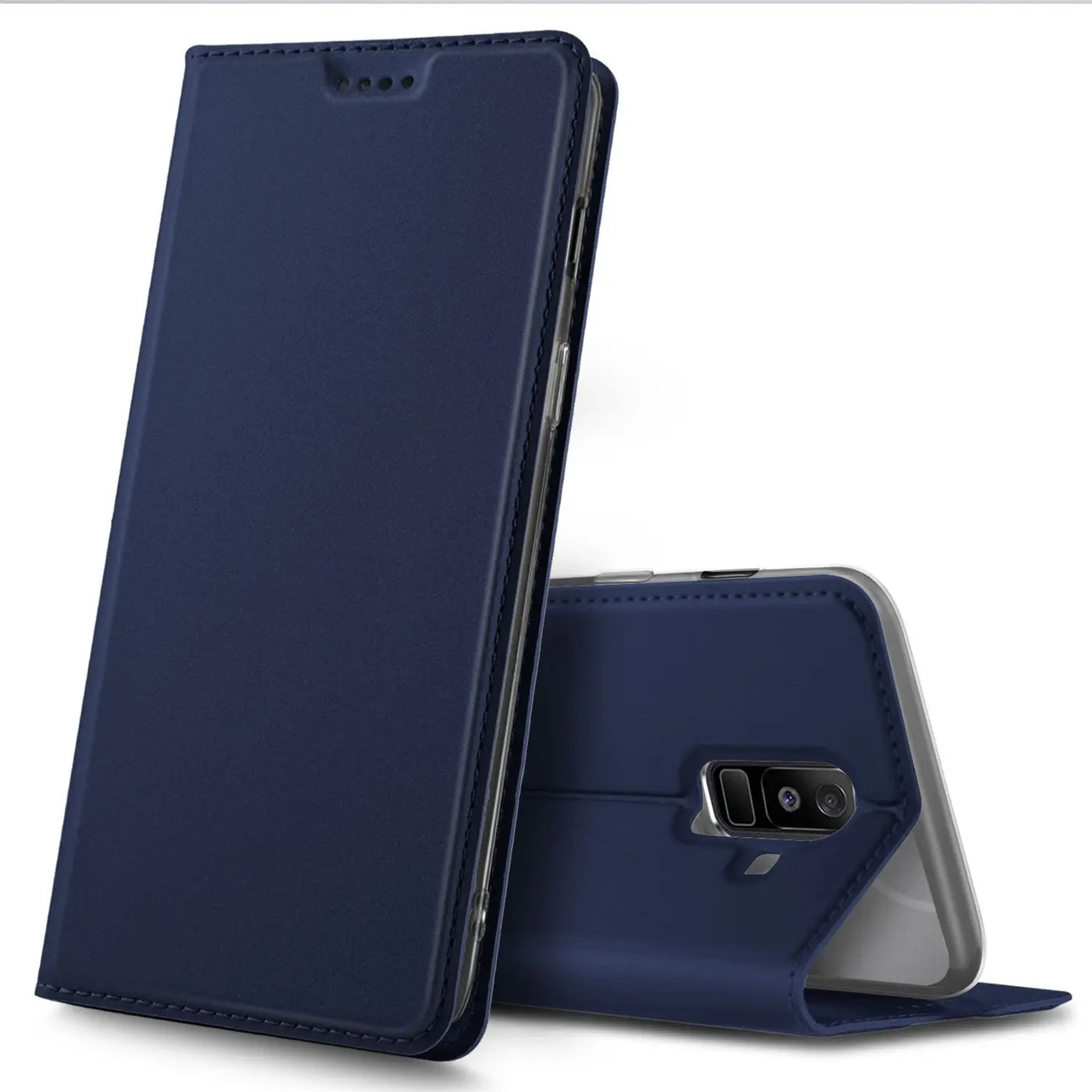 Dunkelblaue Leder-Flip-Hülle für Samsung Galaxy A6 Plus, von vorne und von hinten gezeigt.