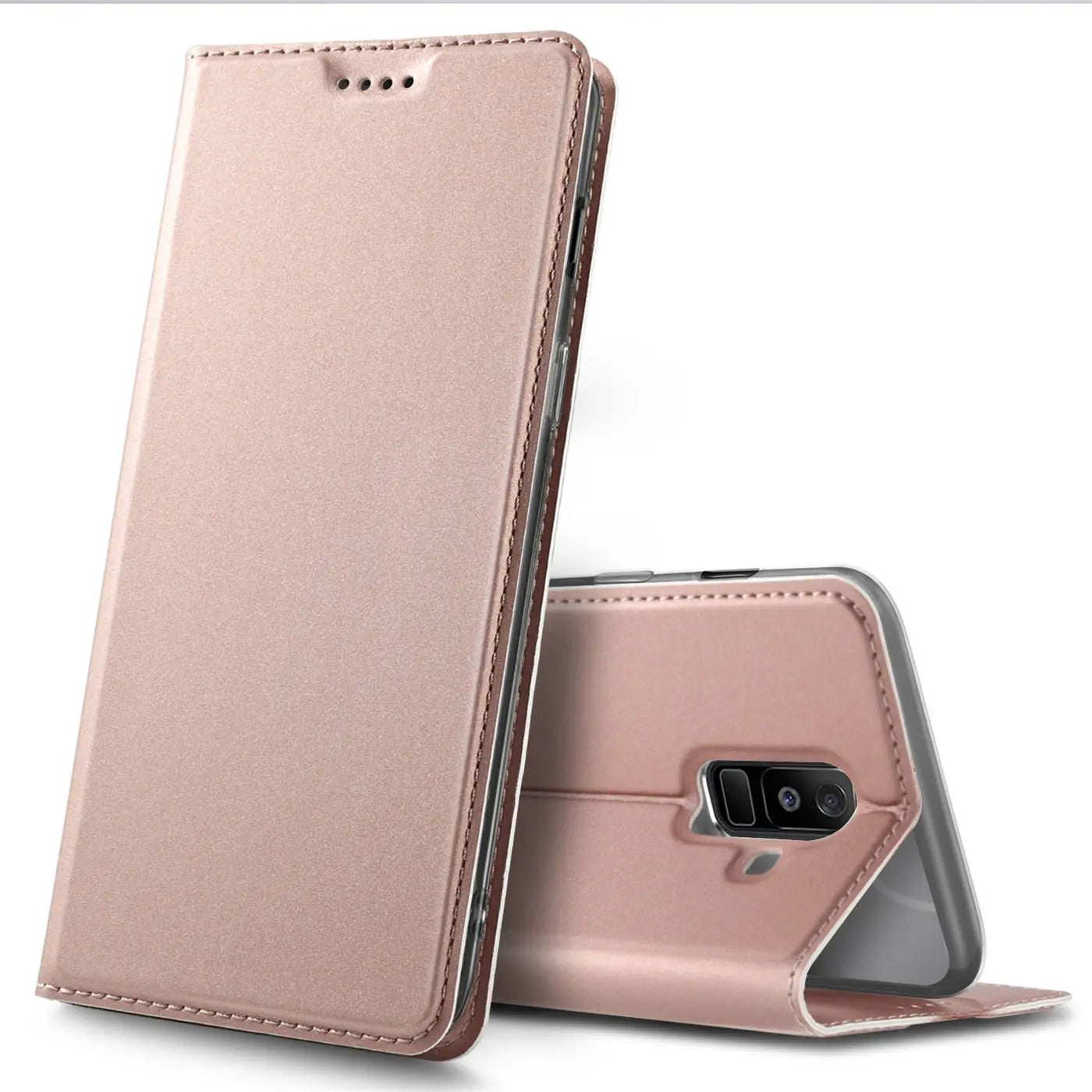 Rosafarbene Metallic-Flip-Hülle aus Kunstleder für Samsung Galaxy A6 Plus, von vorne schräg betrachtet.