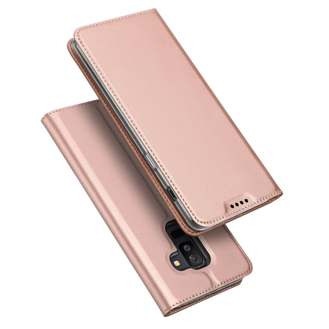 Roségoldene Metallic-Flip-Hülle aus Kunstleder, von oben/schräg, für Samsung Galaxy A6 Plus.