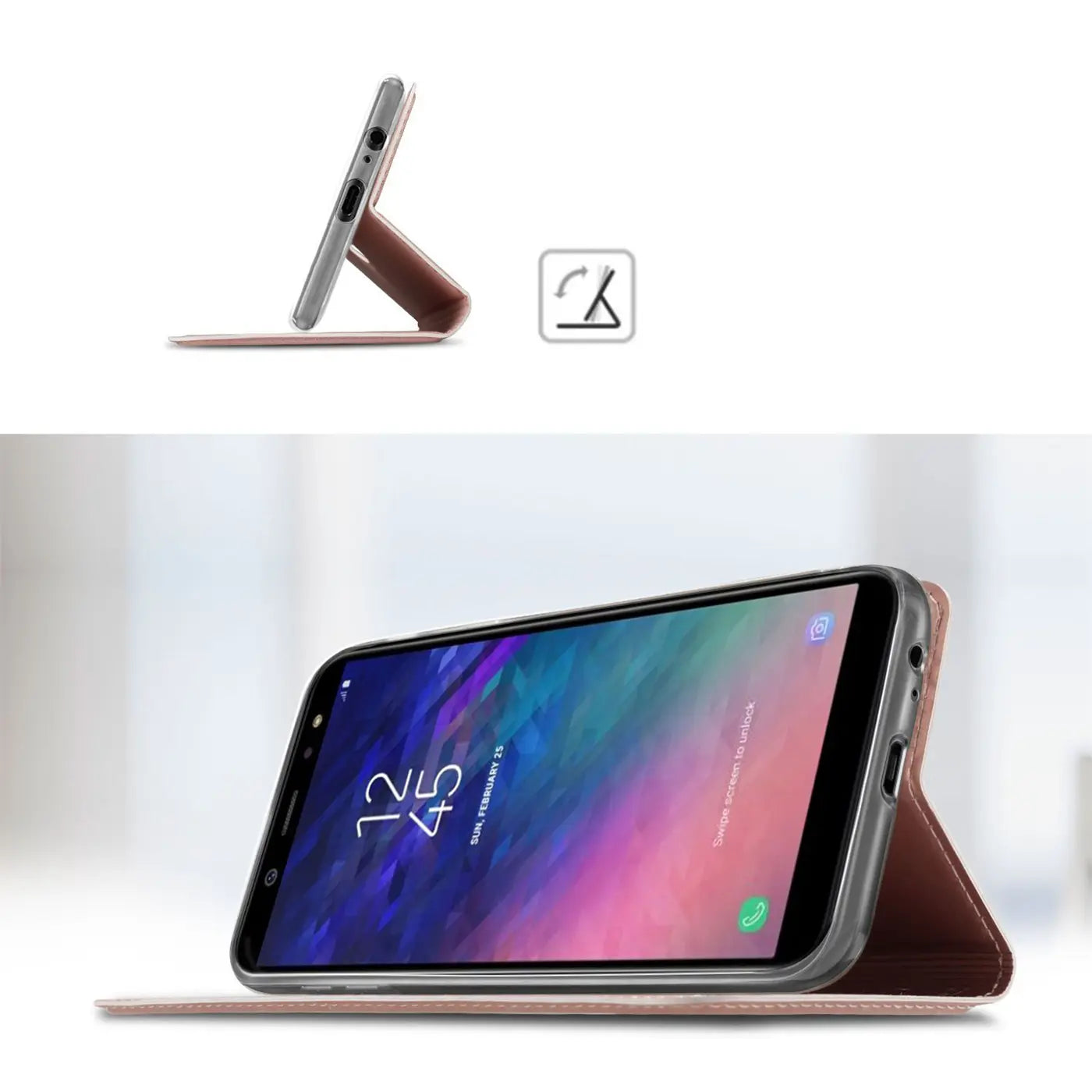Braun metallic Flip Hülle mit Ständerfunktion für Samsung Galaxy A6 Plus, Seitenansicht.
